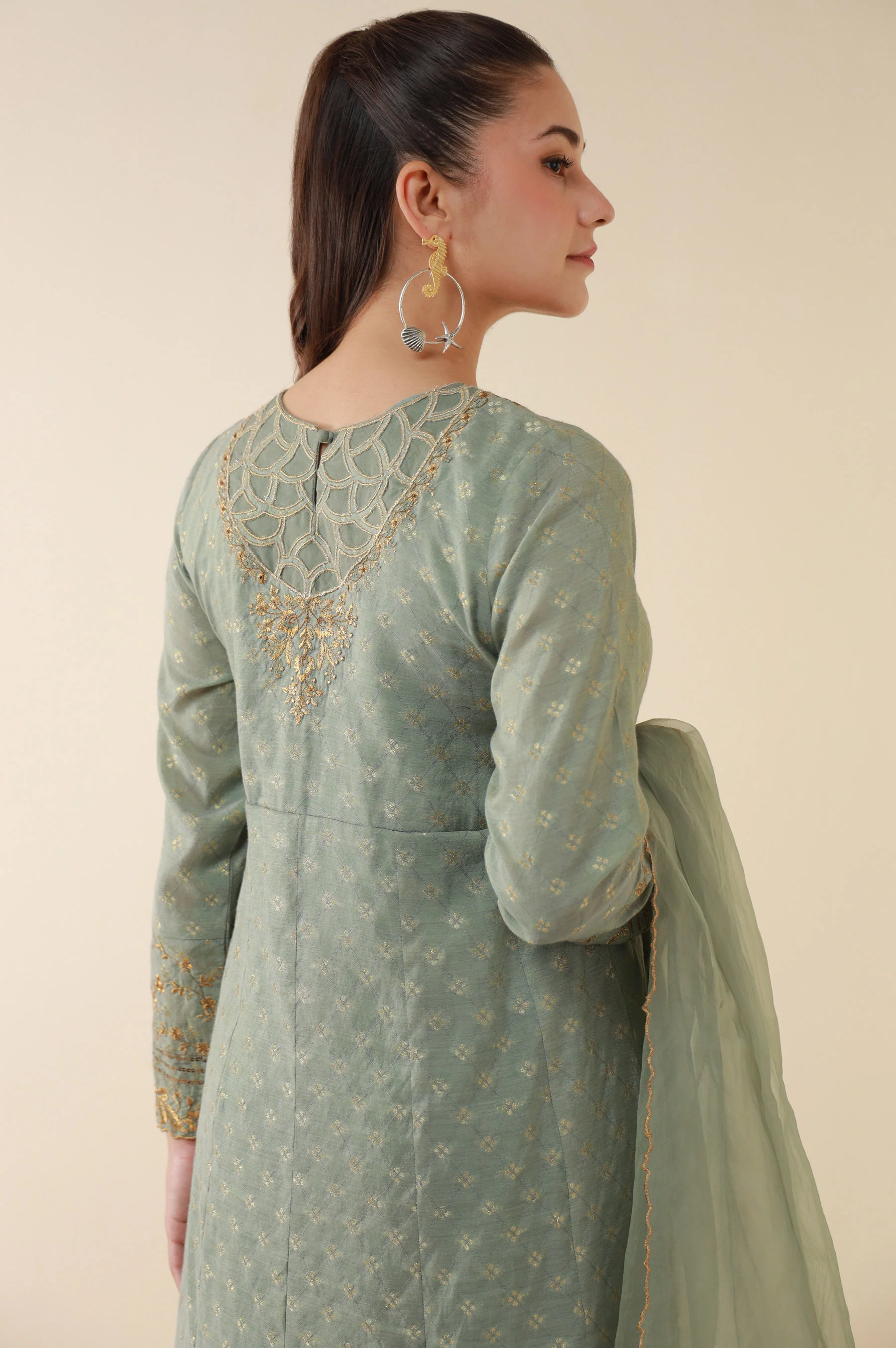 Stitched 3 Piece Embroidered Zari Jacquard Outfit - Image 2