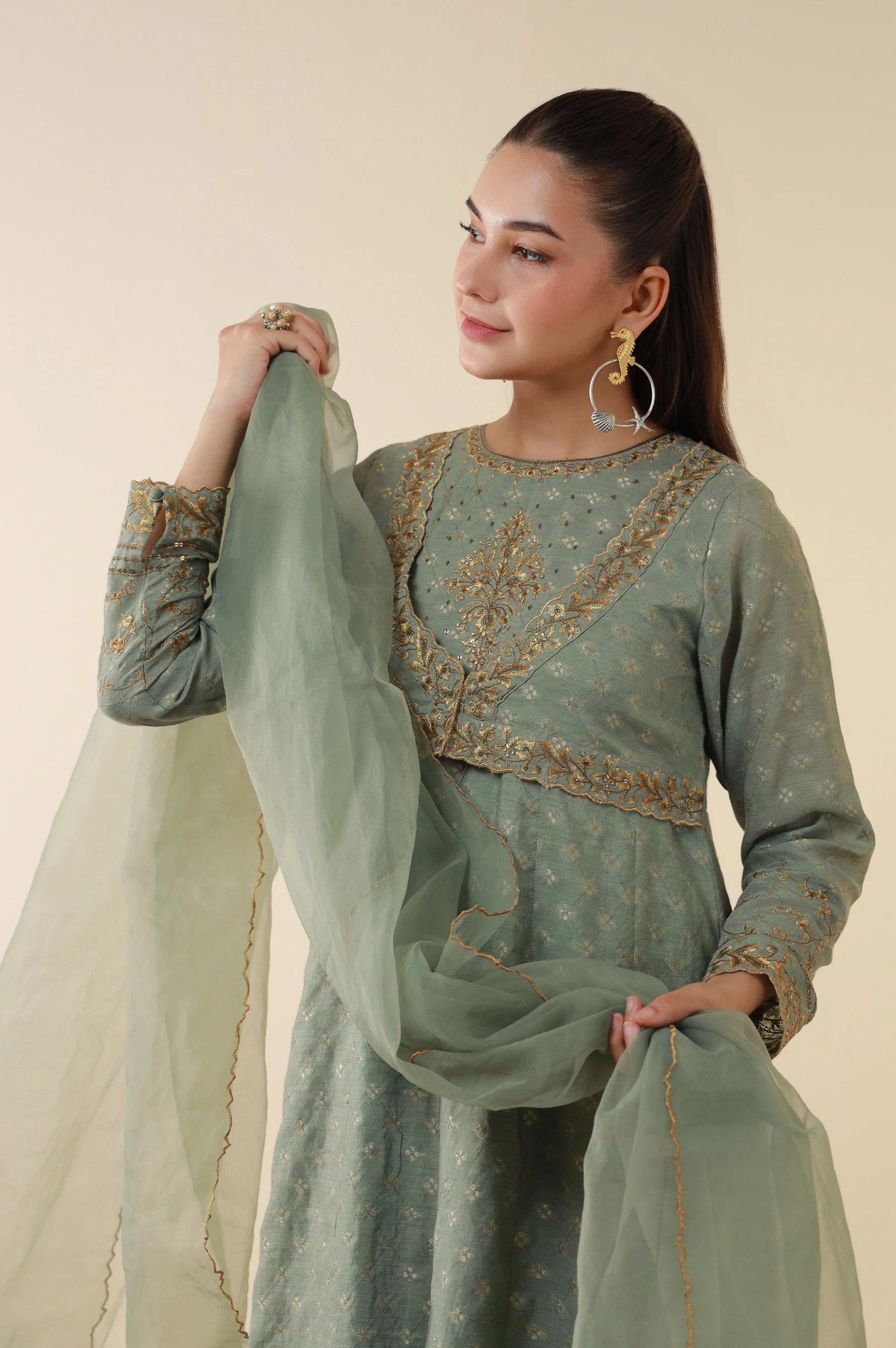 Stitched 3 Piece Embroidered Zari Jacquard Outfit - Image 6