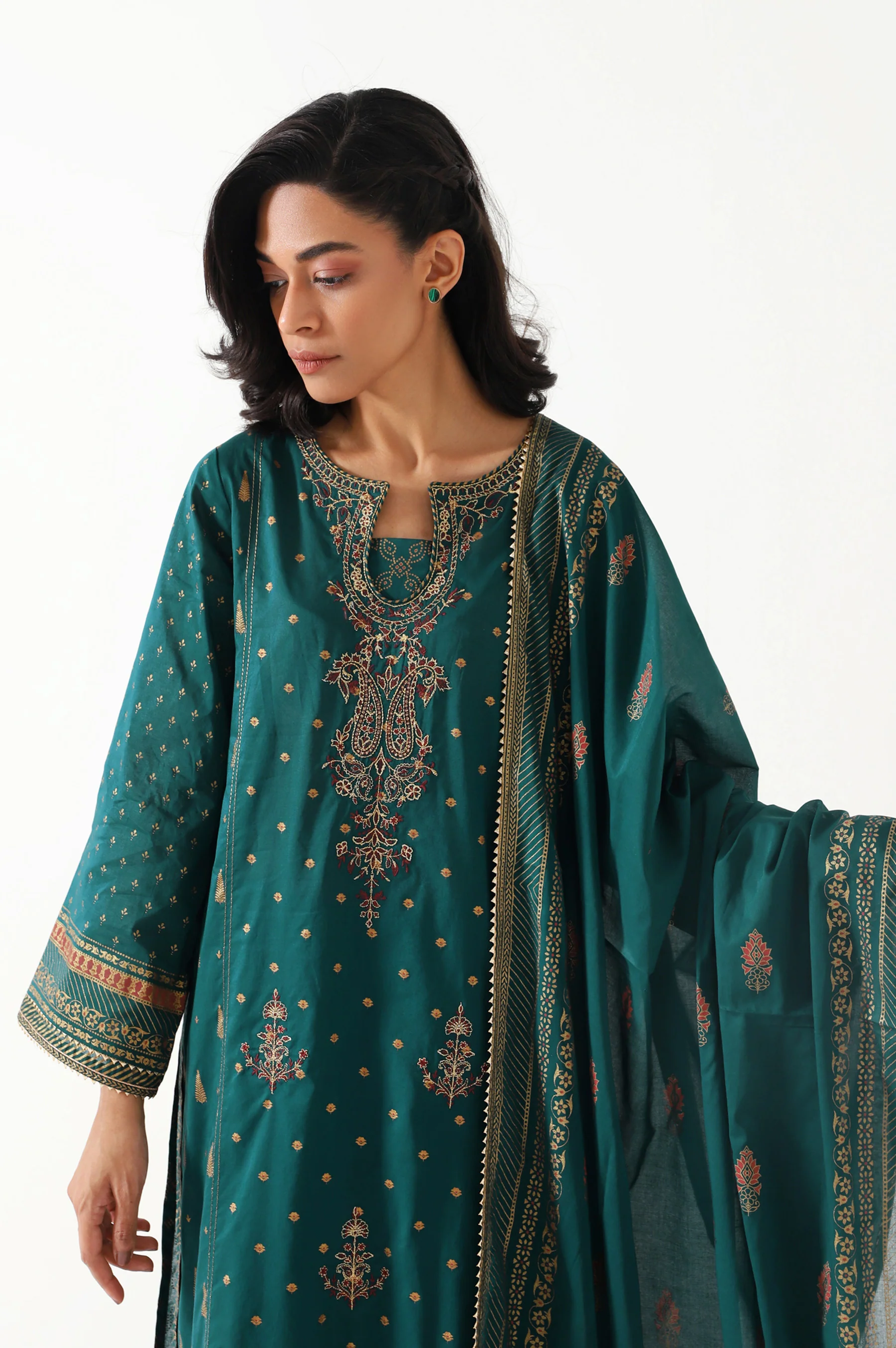 Stitched 3 Piece Gold & Colored Paste Lawn Suit - Image 4