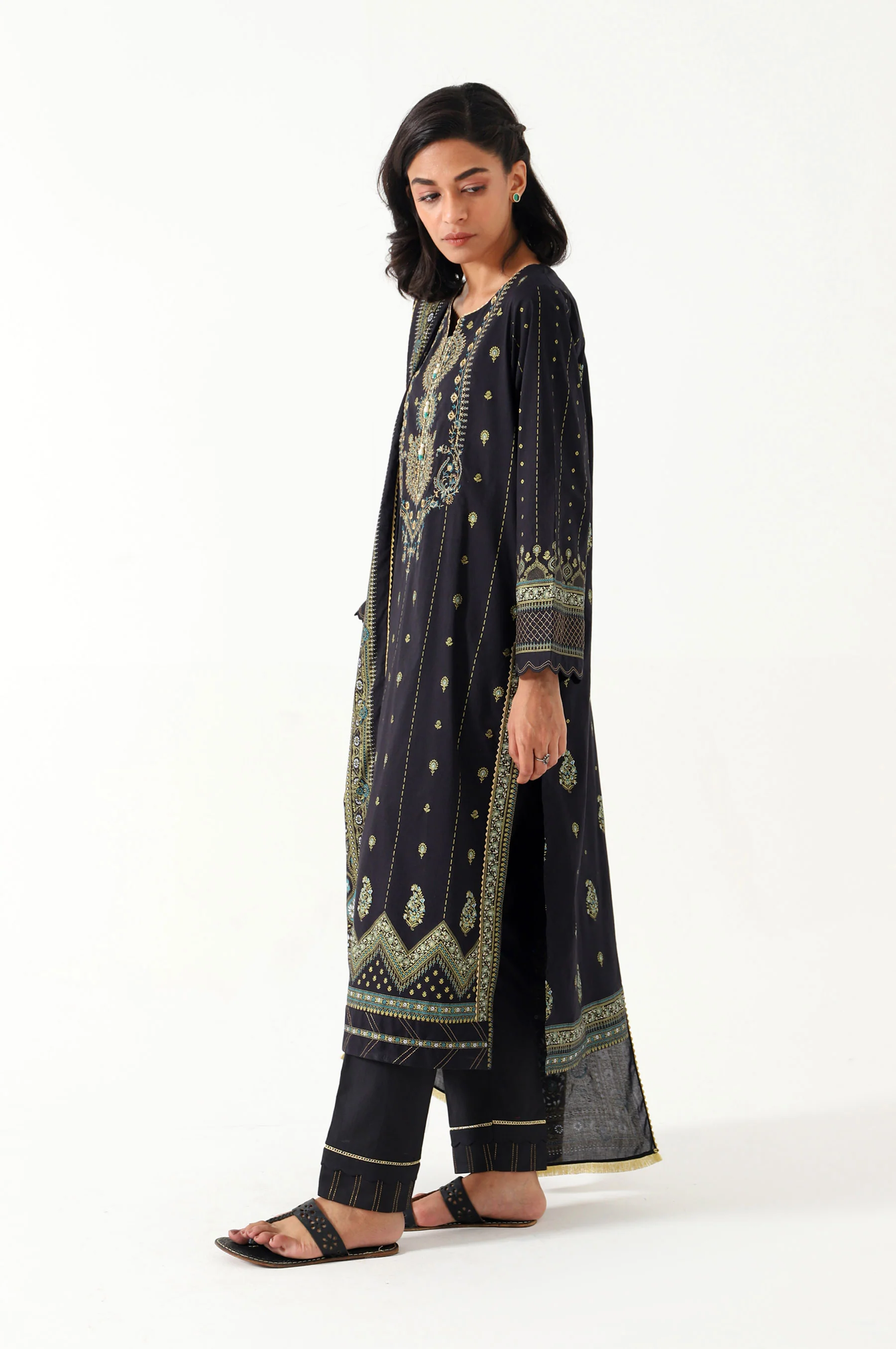 Stitched 3 Piece Gold & Colored Paste Lawn Suit - Image 3