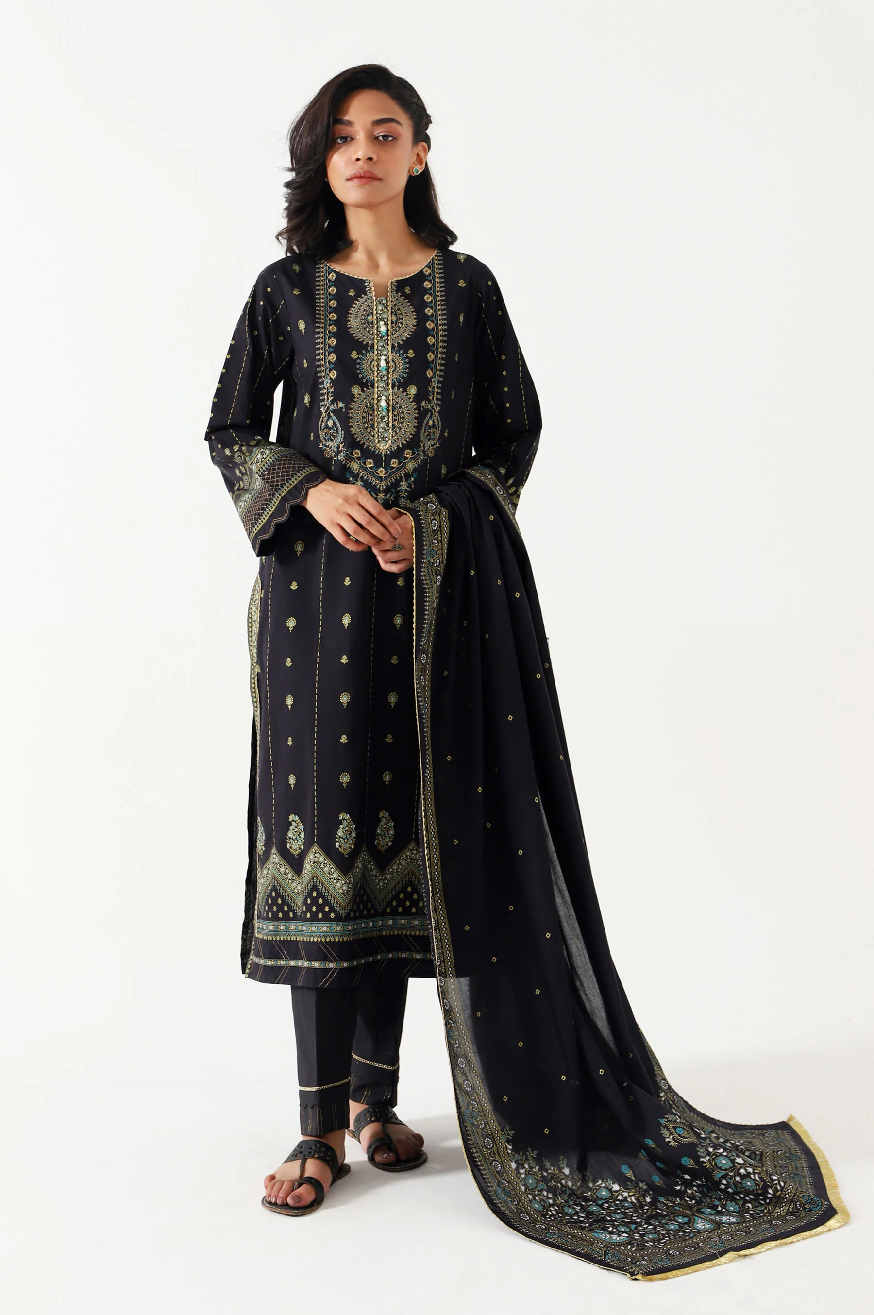 Stitched 3 Piece Gold & Colored Paste Lawn Suit - Image 5
