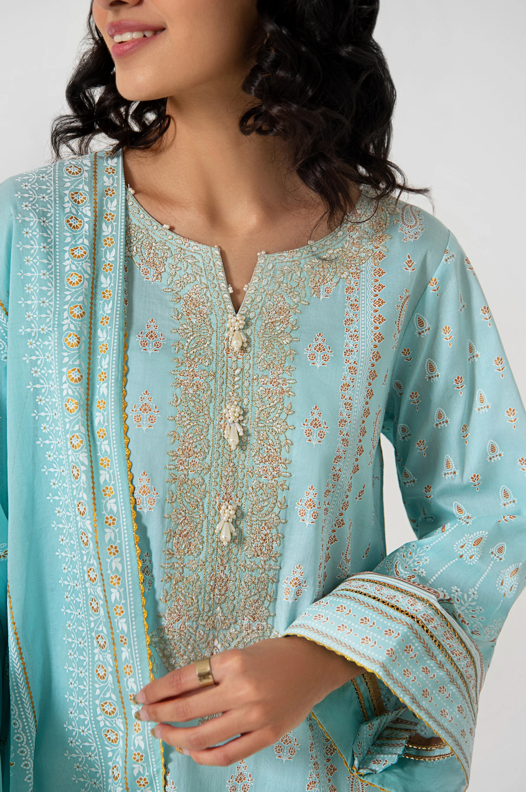 Stitched 3 Piece Gold & Colored Paste Lawn Suit - Image 6