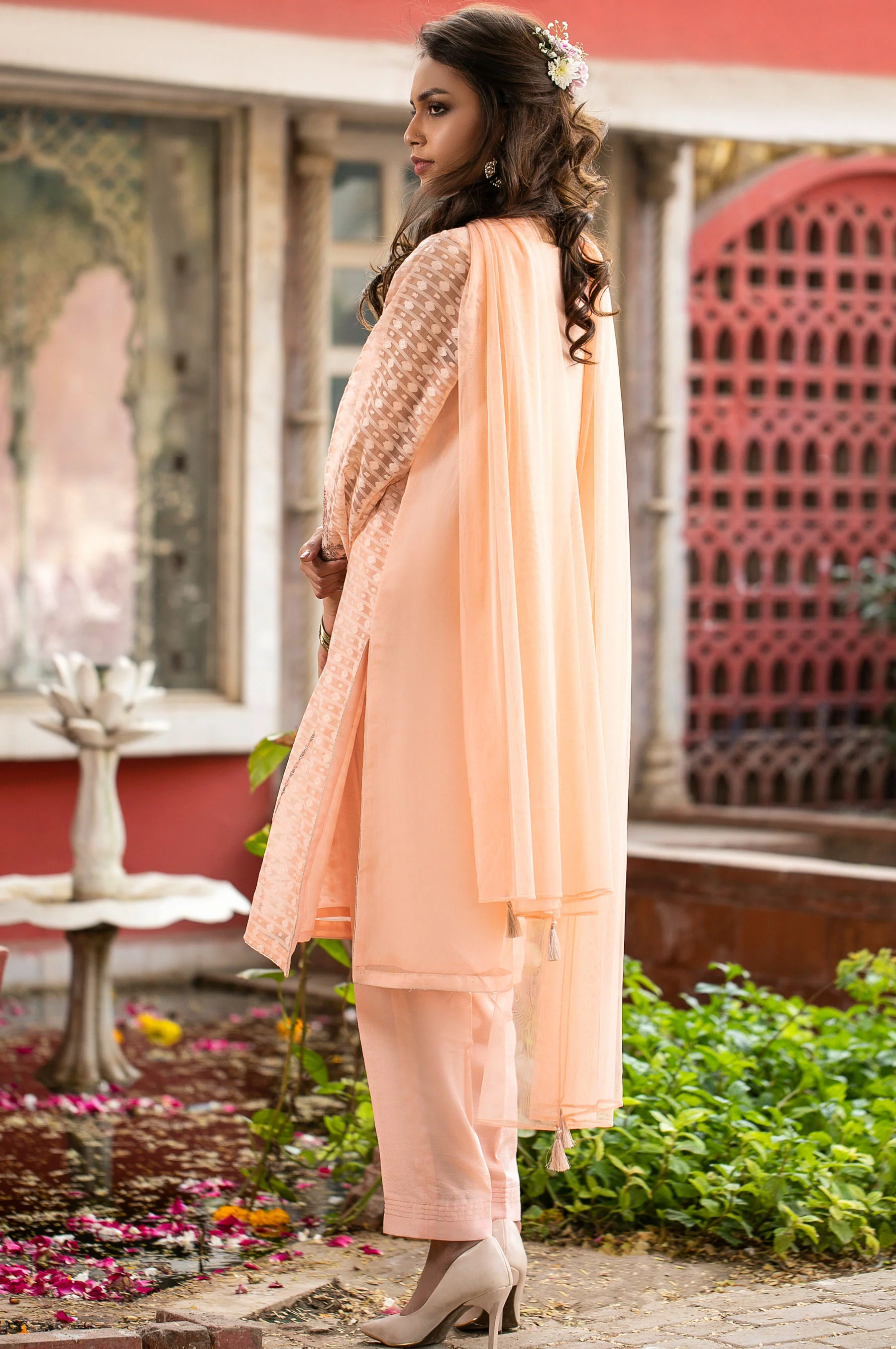 Stitched 3 Piece Jacquard Organza Embroidered Suit - Image 2