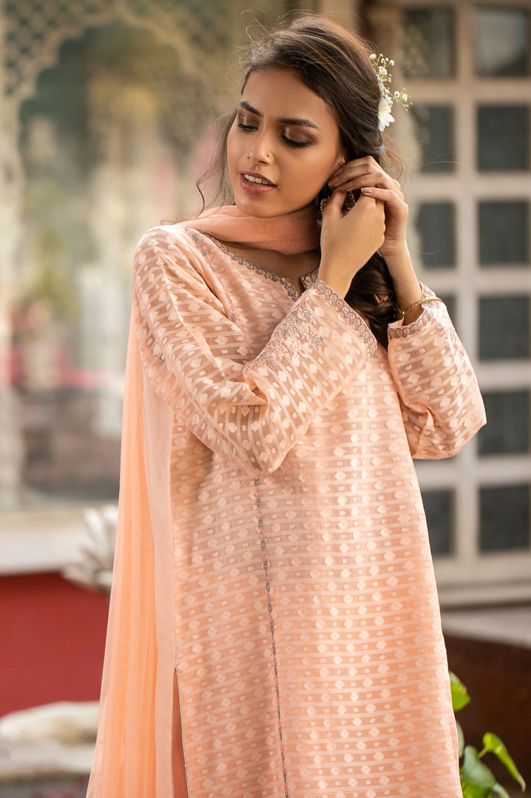 Stitched 3 Piece Jacquard Organza Embroidered Suit - Image 3