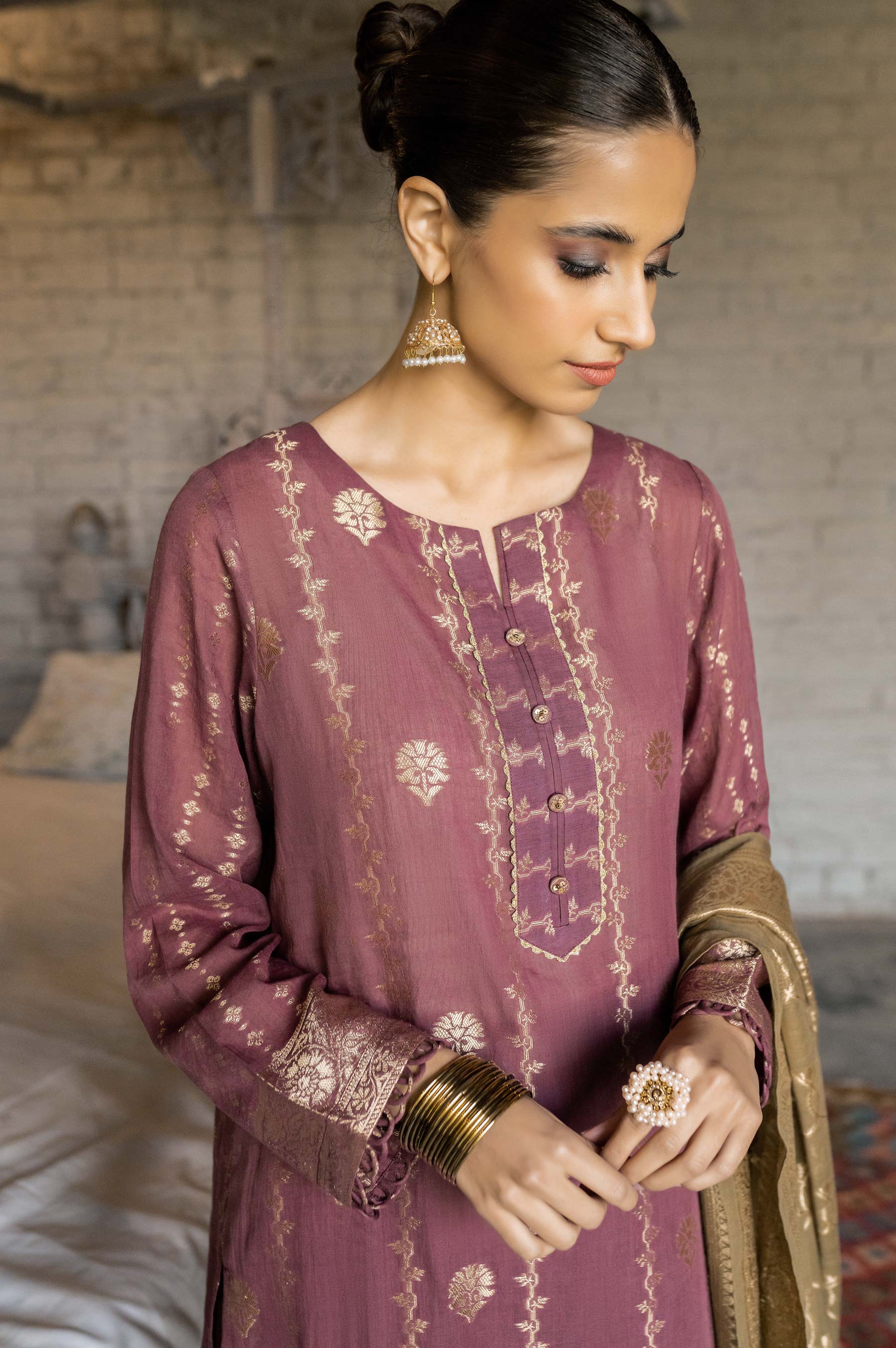 Stitched 3 Piece Jacquard Suit with Jacquard dupatta