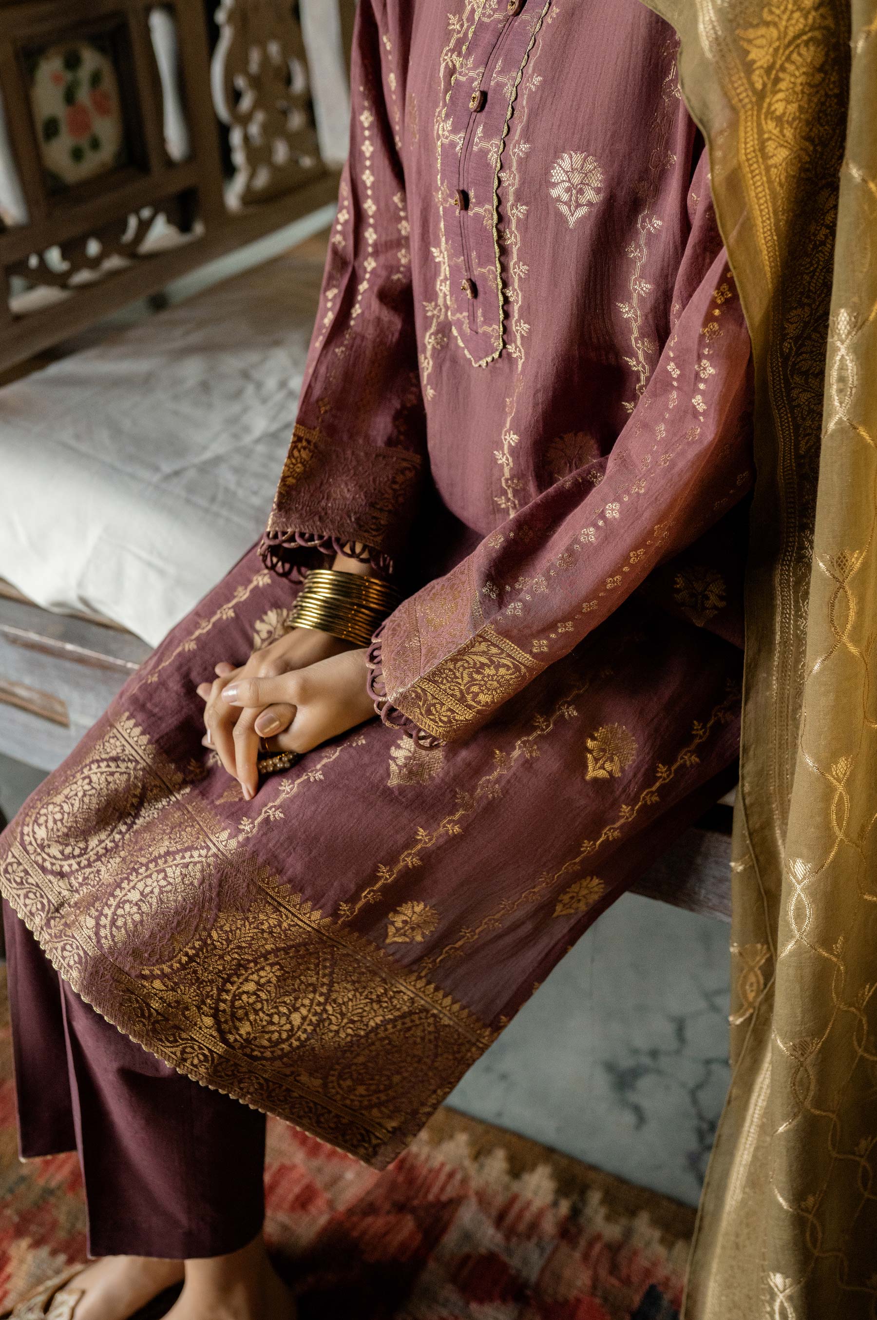 Stitched 3 Piece Jacquard Suit with Jacquard dupatta - Image 4