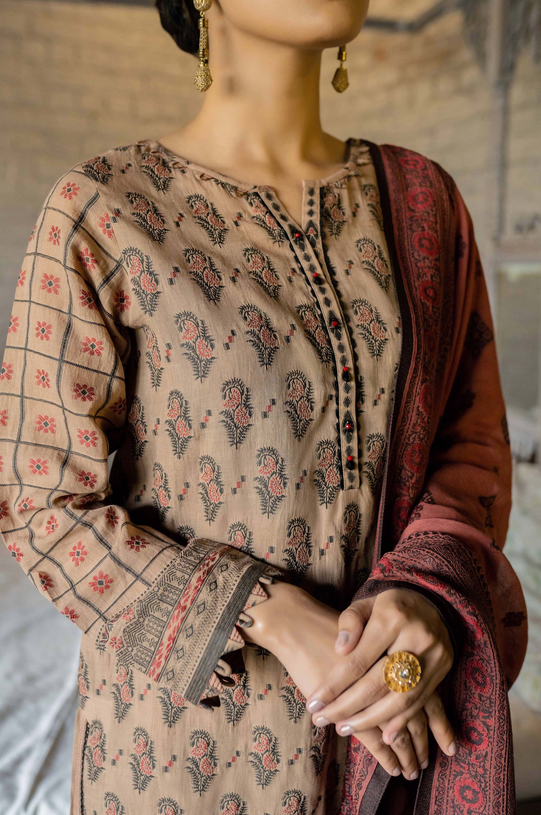 Stitched 3 Piece Jacquard Suit with Jacquard Dupatta - Image 3