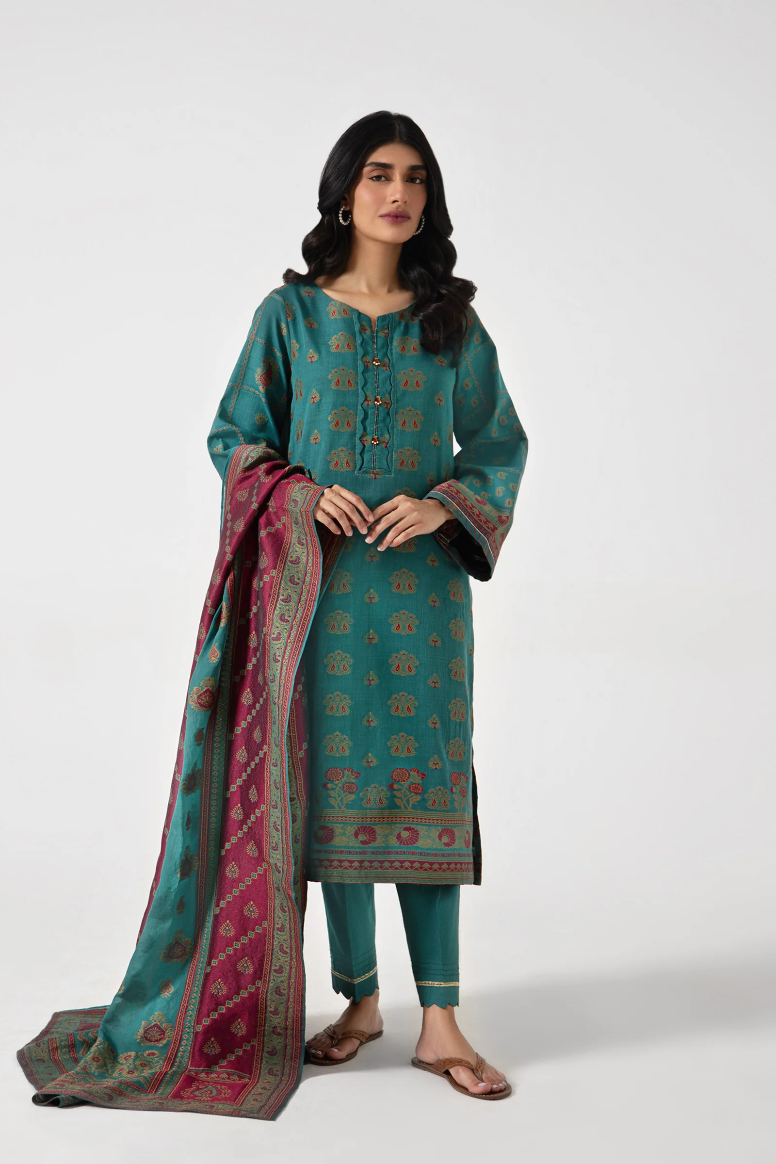 Stitched 3 Piece Dyed Jacquard Suit - Image 2