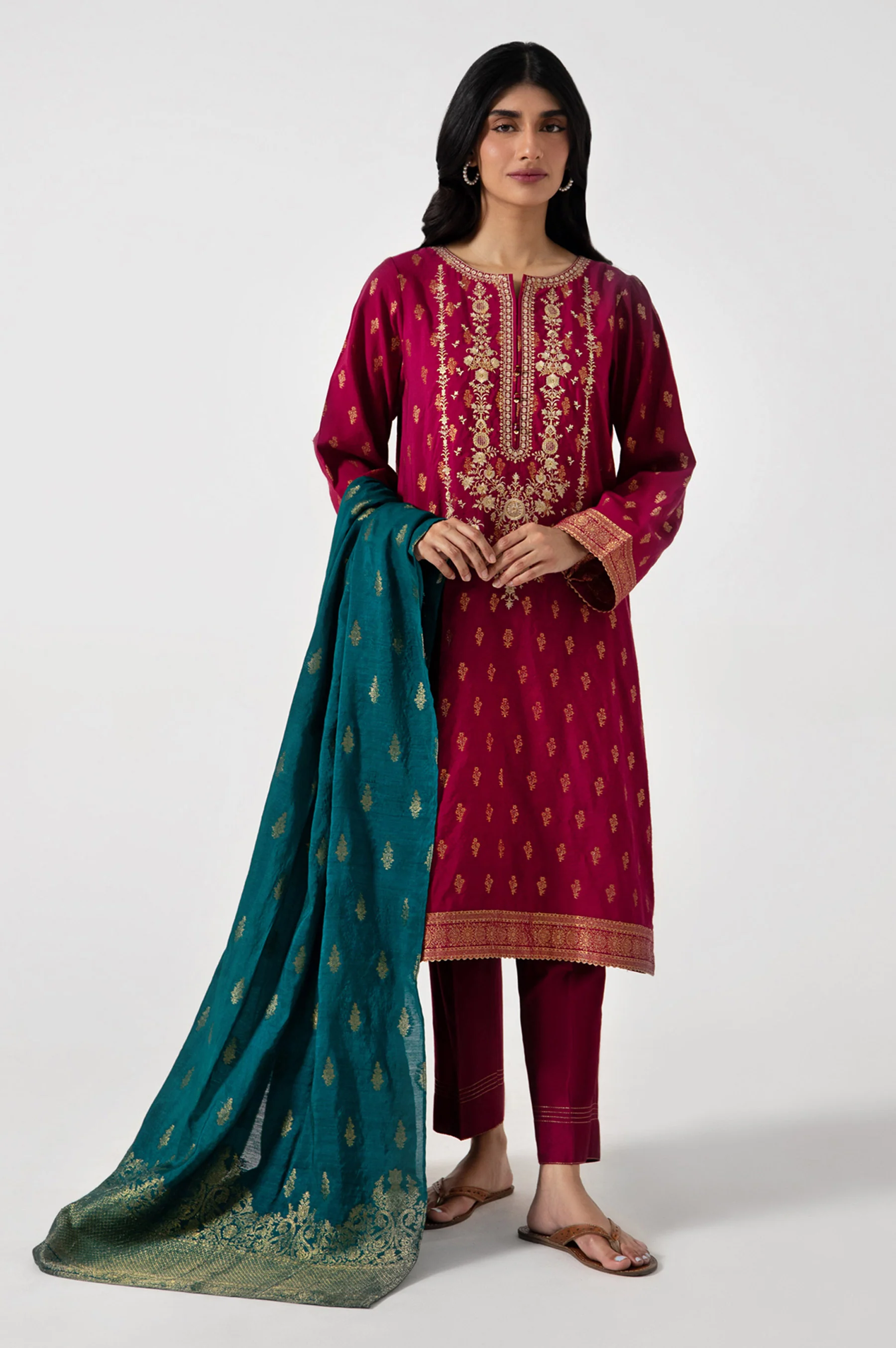 Stitched 3 Piece jacquard Embroidered Suit - Image 2