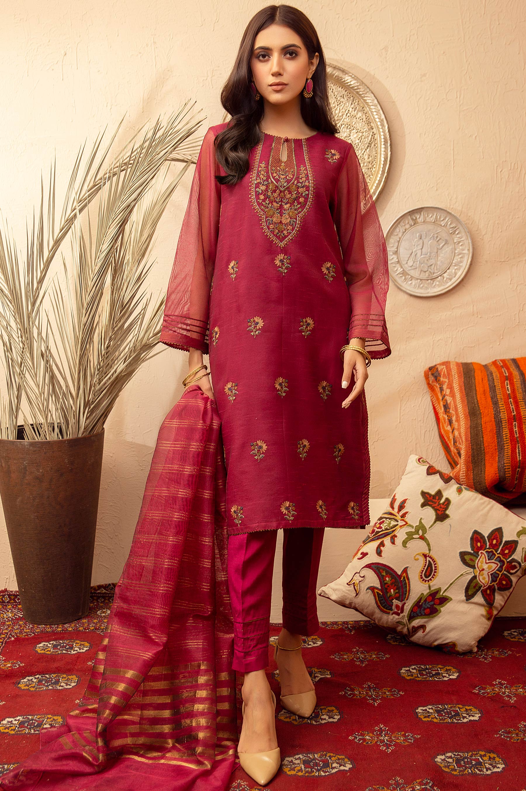 Stitched 3 Piece Khaddi Net Embroidered Suit - Image 2
