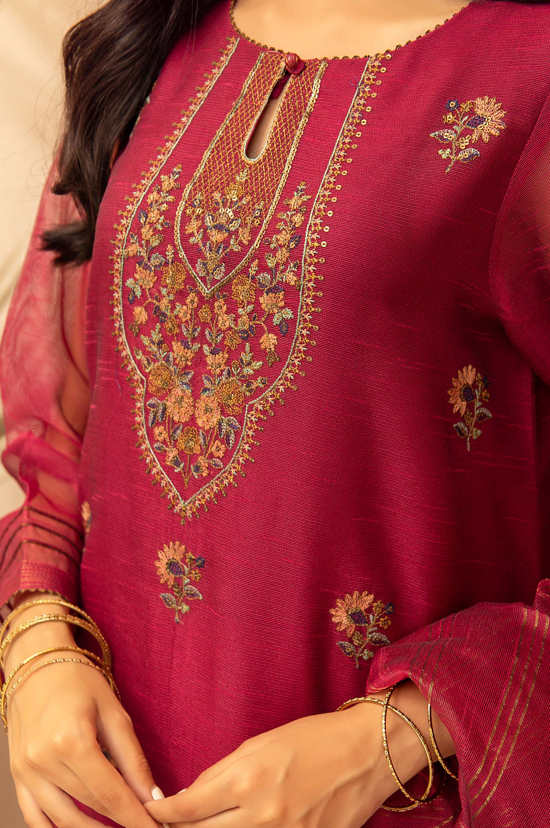 Stitched 3 Piece Khaddi Net Embroidered Suit - Image 5