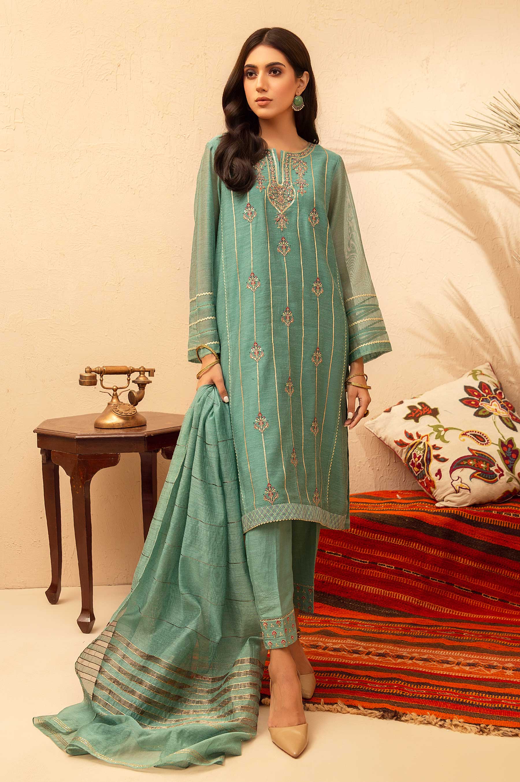 Stitched 3 Piece Khaddi Net Embroidered Suit - Image 2