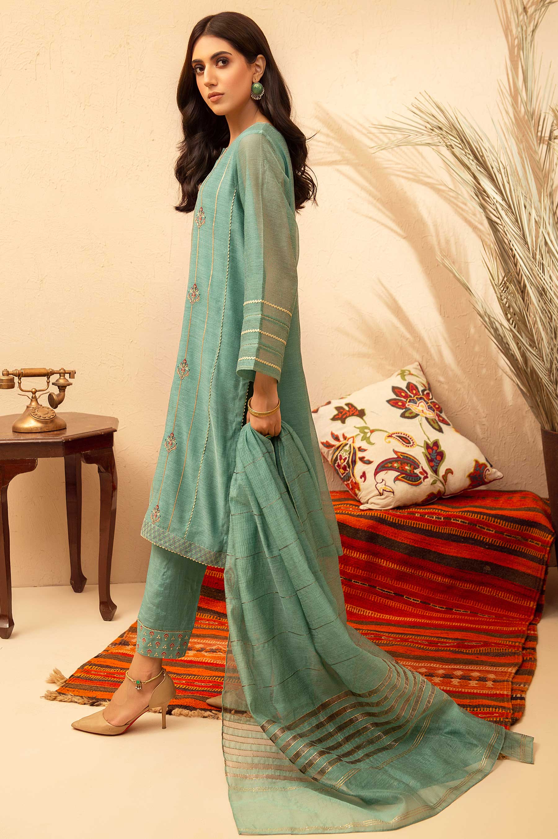 Stitched 3 Piece Khaddi Net Embroidered Suit - Image 4