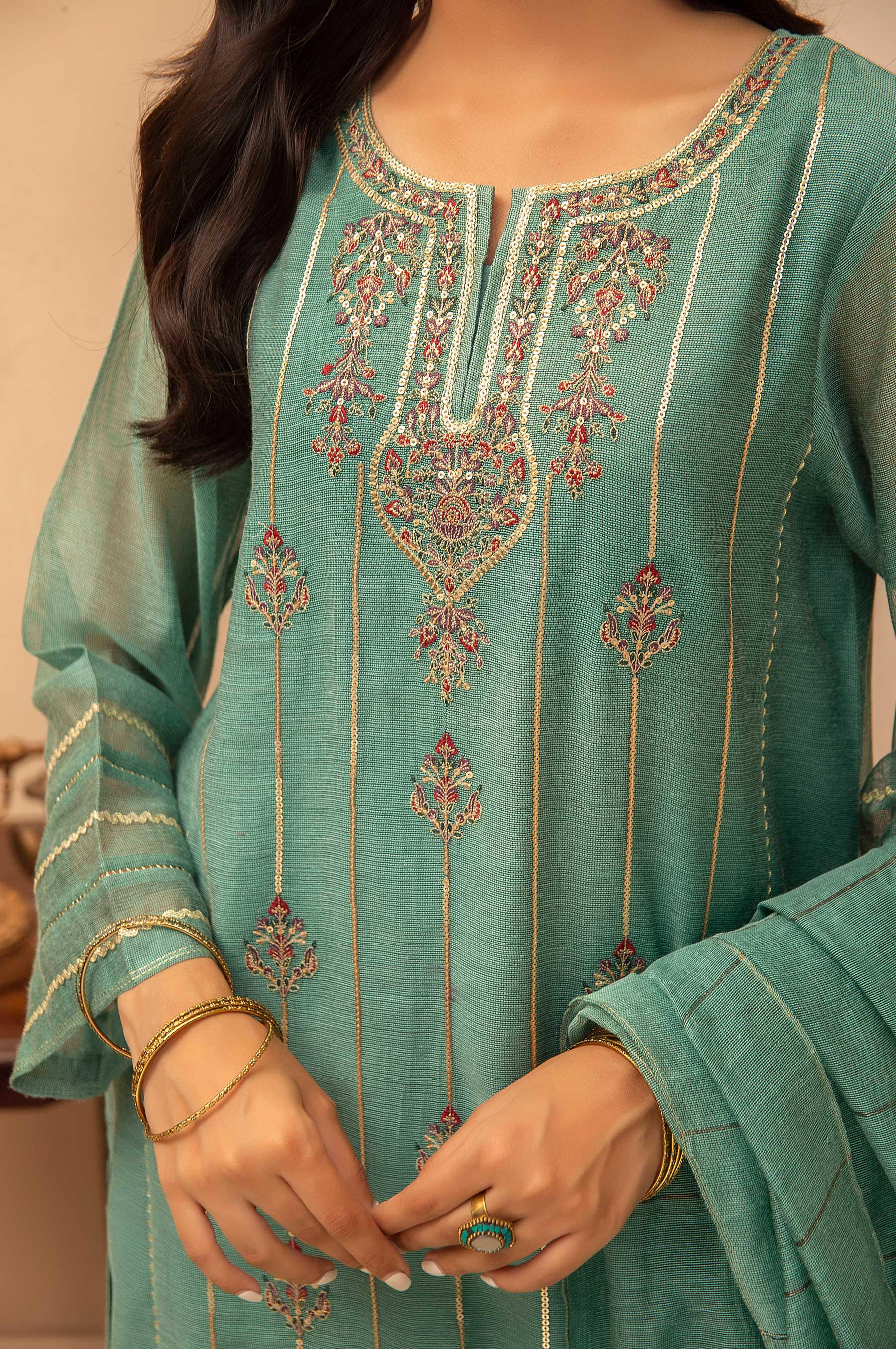Stitched 3 Piece Khaddi Net Embroidered Suit - Image 5