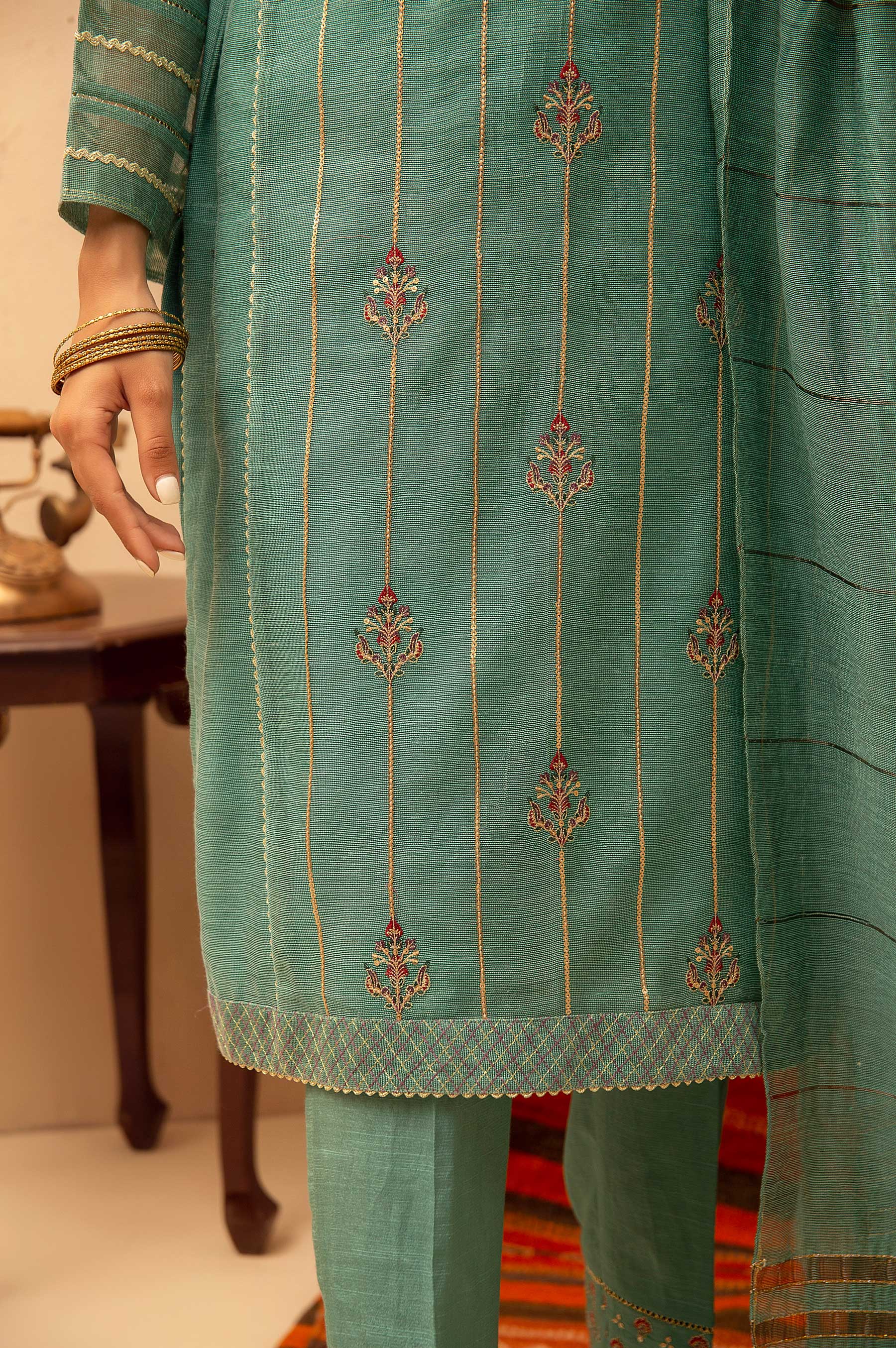 Stitched 3 Piece Khaddi Net Embroidered Suit - Image 6