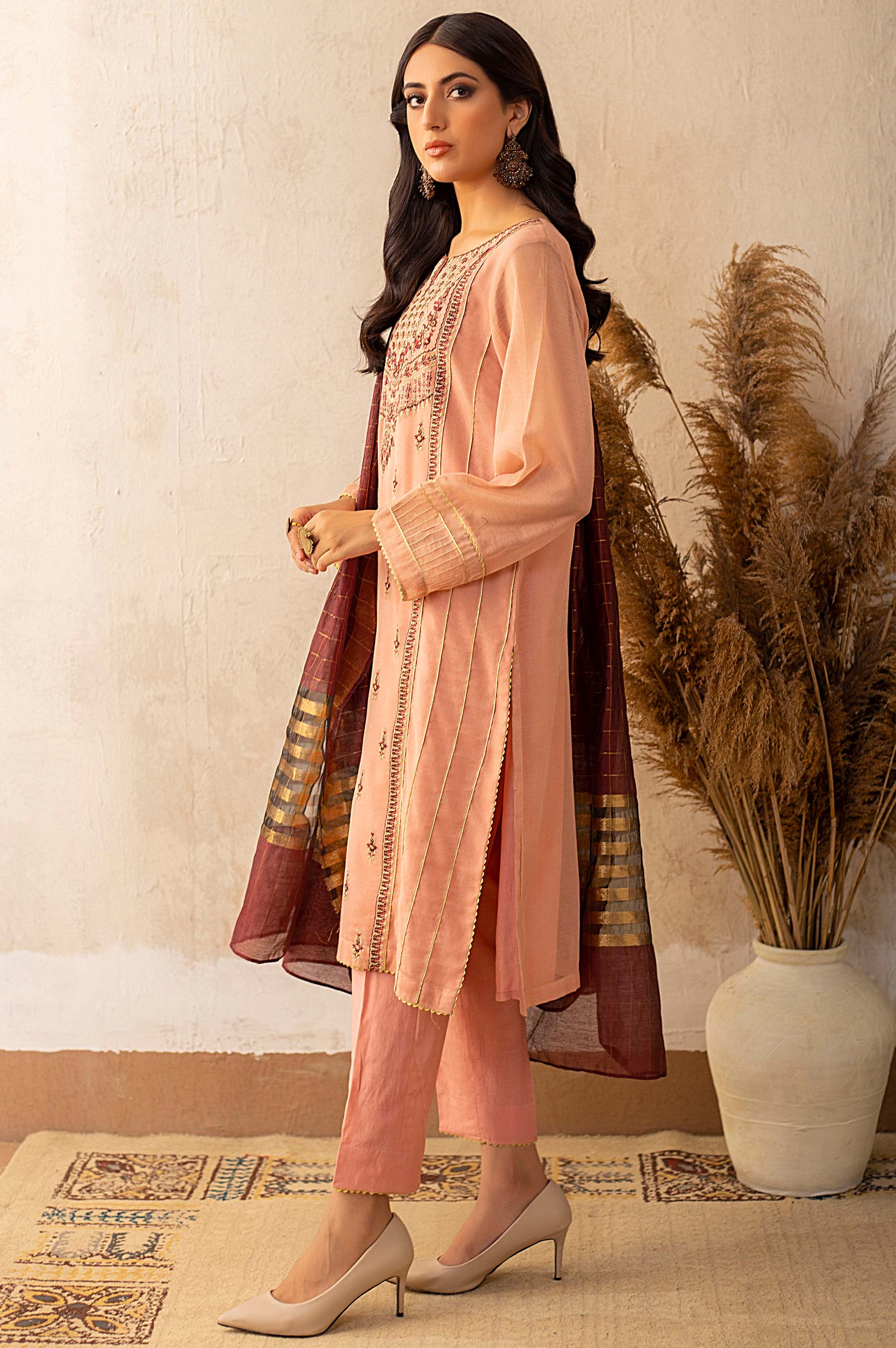 Stitched 3 Piece Khaddi Net Embroidered Suit - Image 2