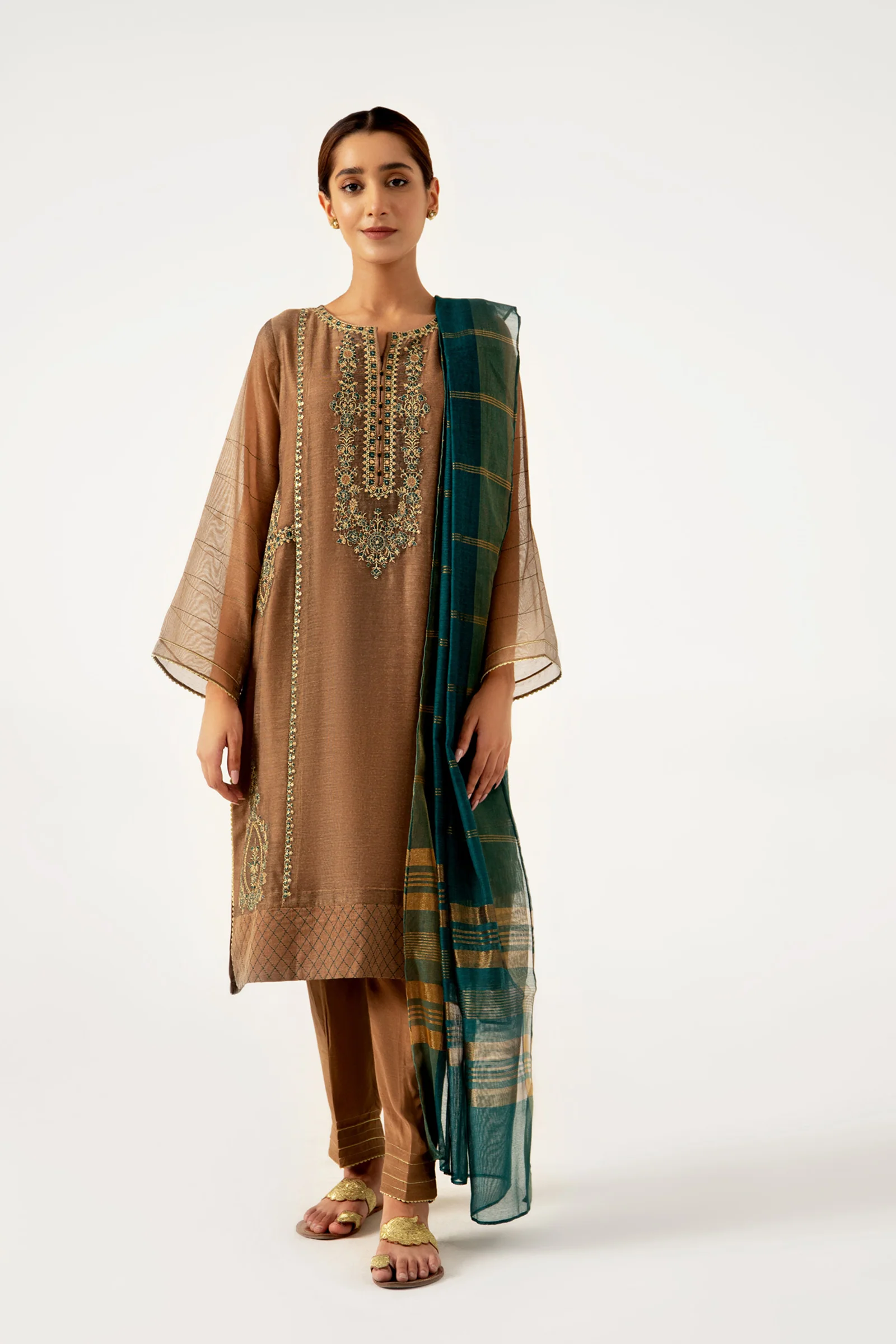 Stitched 3 Pieces Khaddi Net Outfit