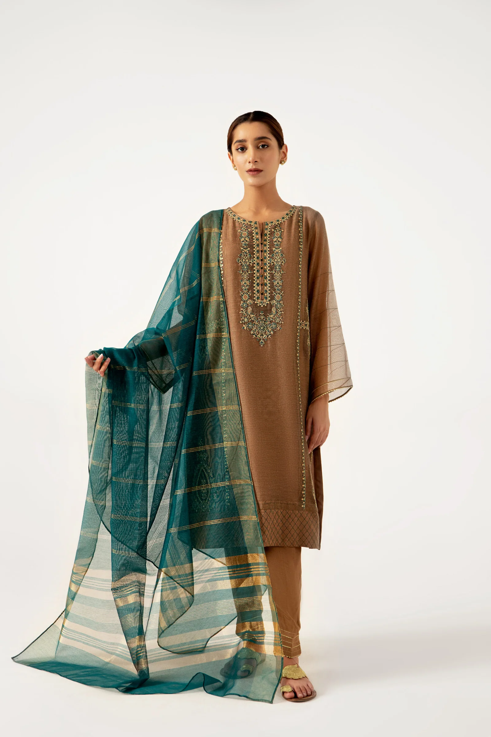 Stitched 3 Pieces Khaddi Net Outfit - Image 3