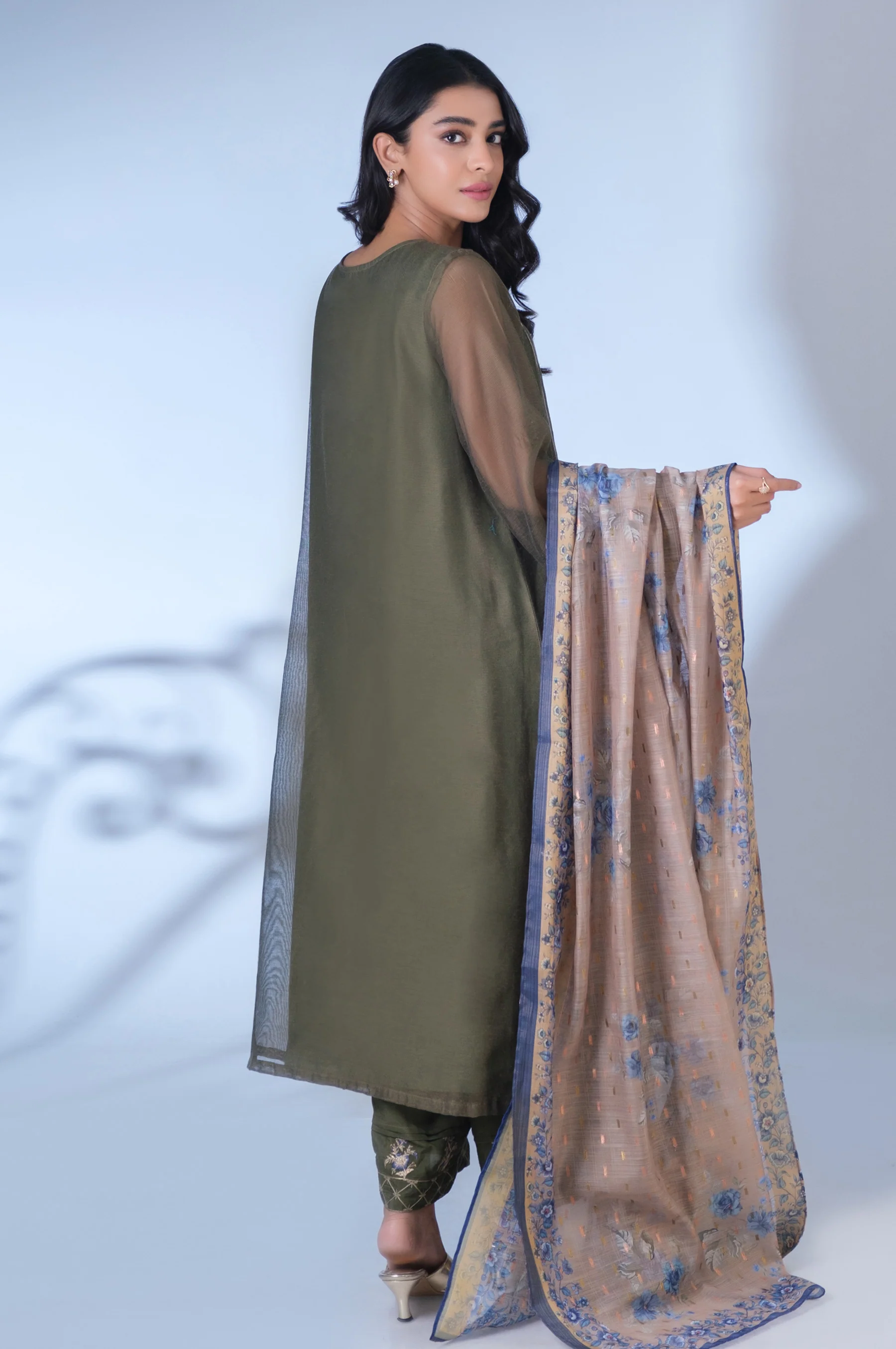 Stitched 3 Piece Khaddi Net Embroidered Outfit - Image 3