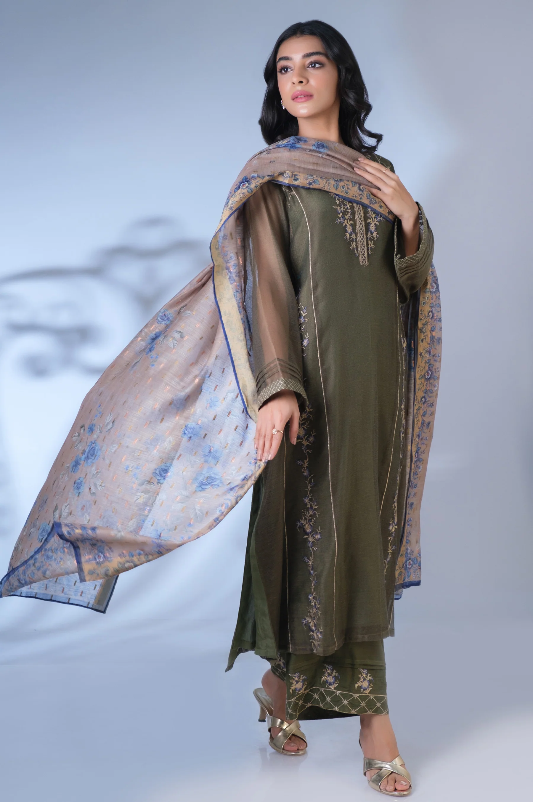 Stitched 3 Piece Khaddi Net Embroidered Outfit - Image 4