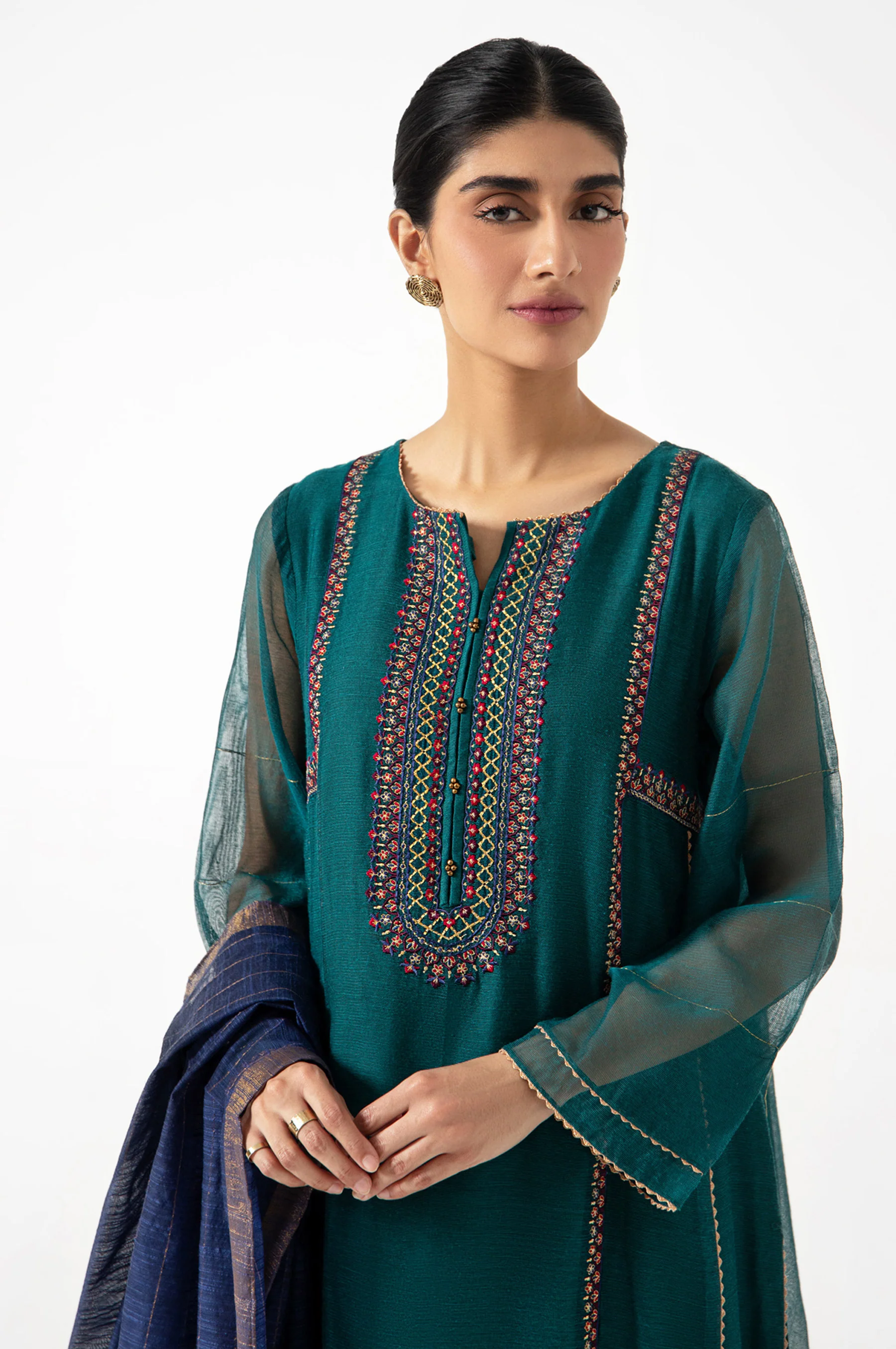 Stitched 3 Piece Khadi Net Embroidered Outfit - Image 3