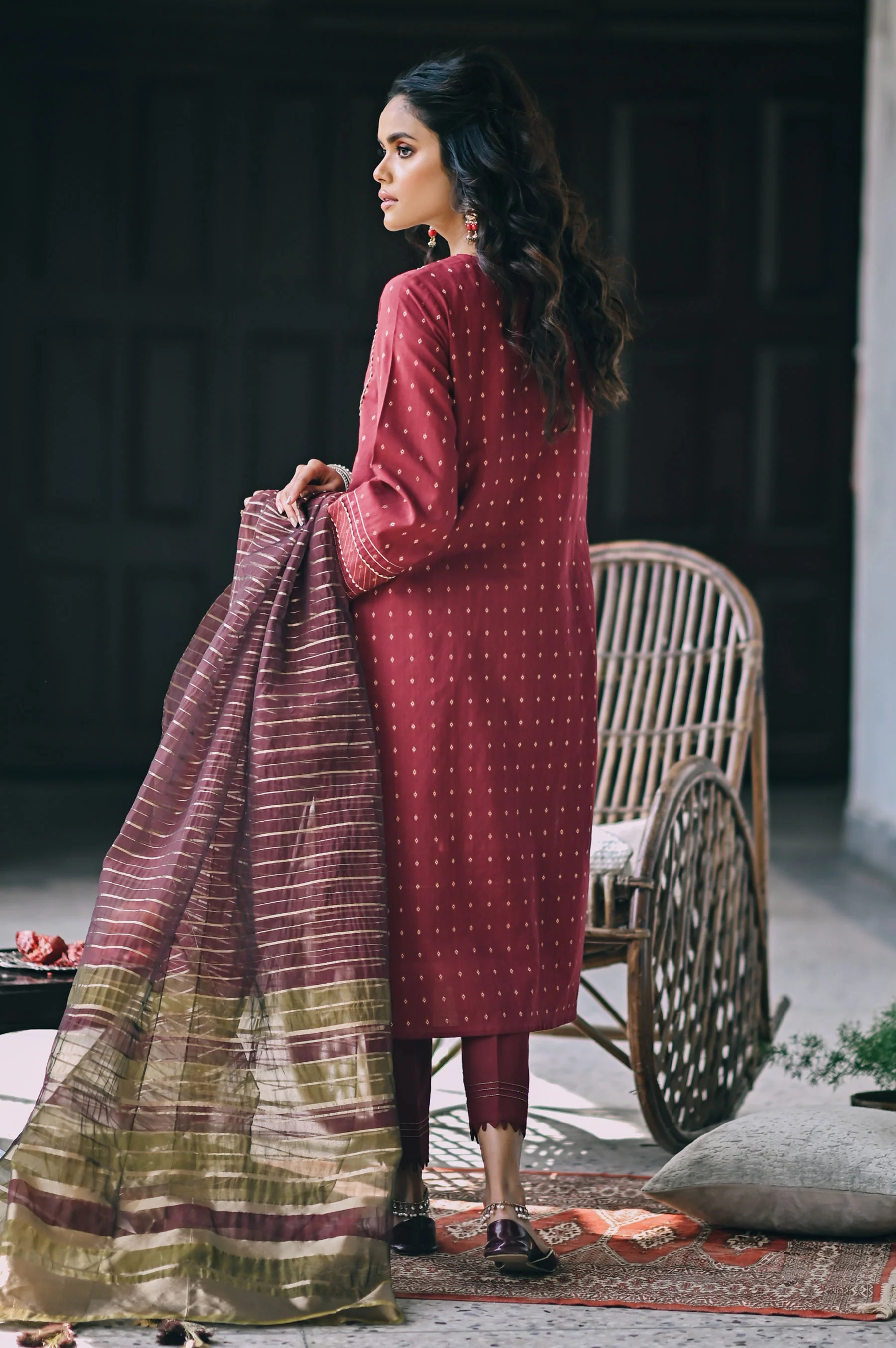 Stitched 3 Piece Maysuri Jacquard with Shaded Organza Suit - Image 2