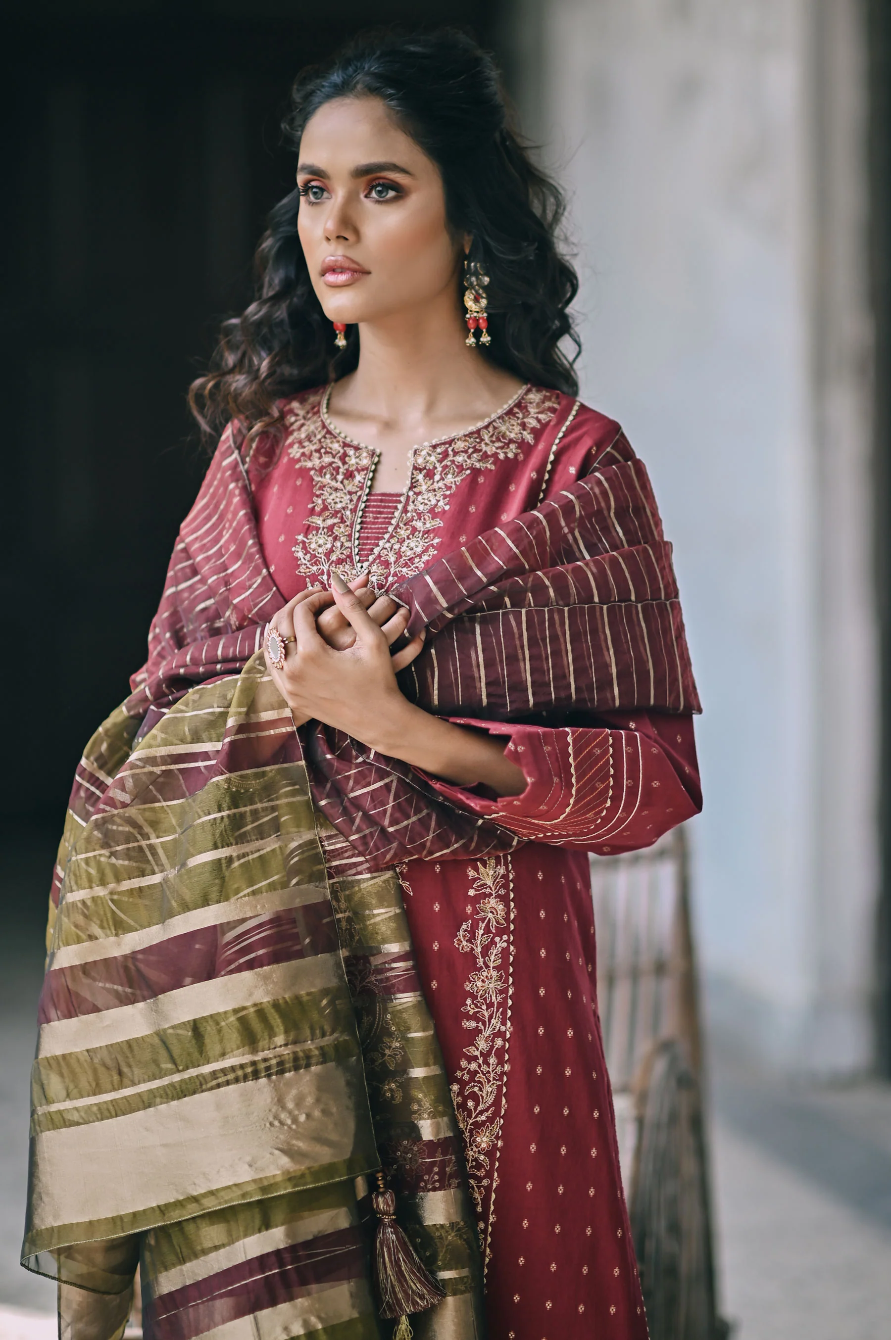 Stitched 3 Piece Maysuri Jacquard with Shaded Organza Suit - Image 3