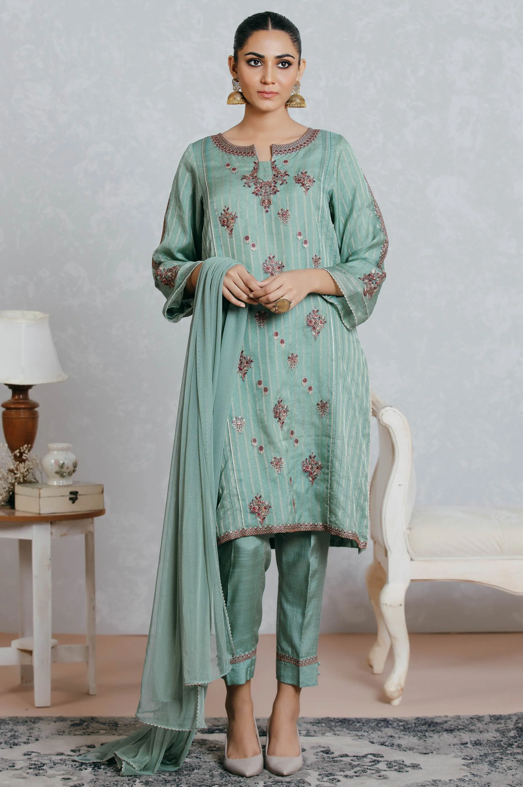 Stitched 3 Piece Embroidered Organza Outfit - Image 2
