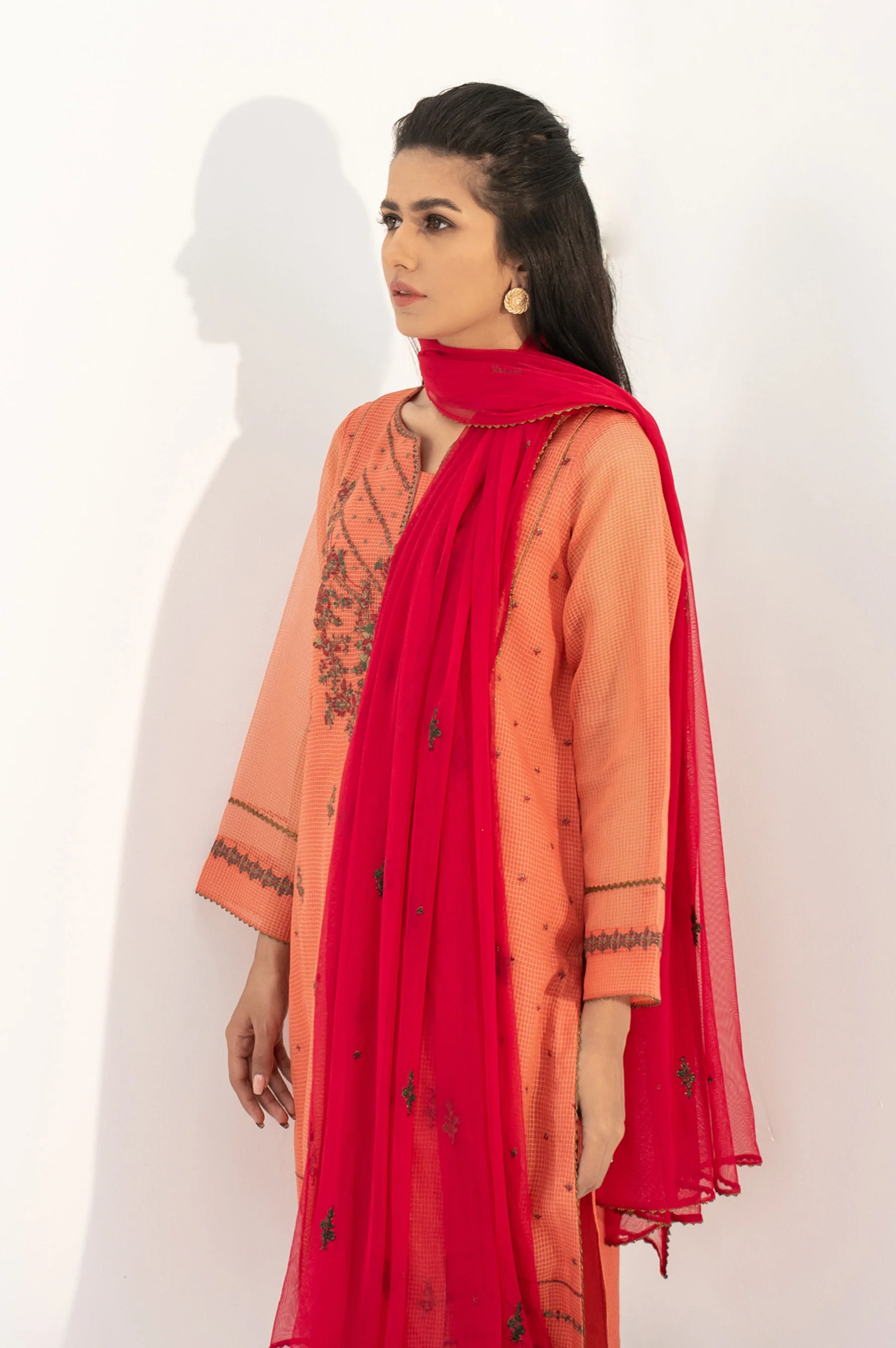 Stitched 3 Piece Embroidered Checkered Organza Outfit - Image 4