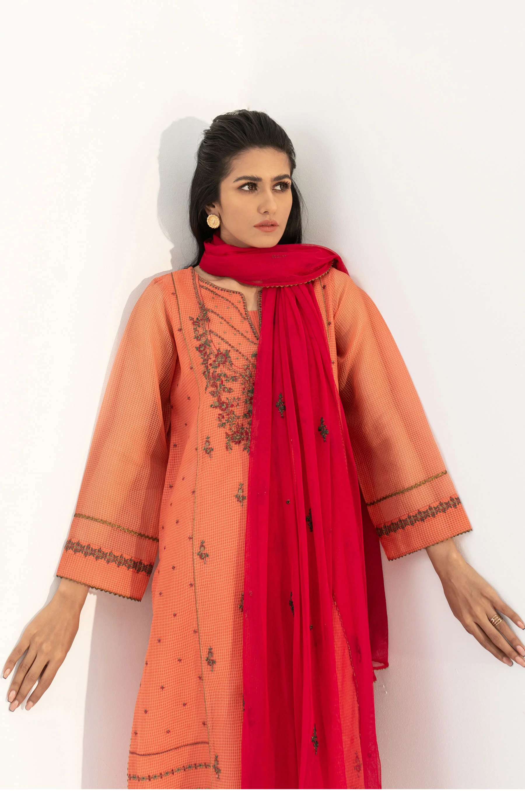 Stitched 3 Piece Embroidered Checkered Organza Outfit - Image 5