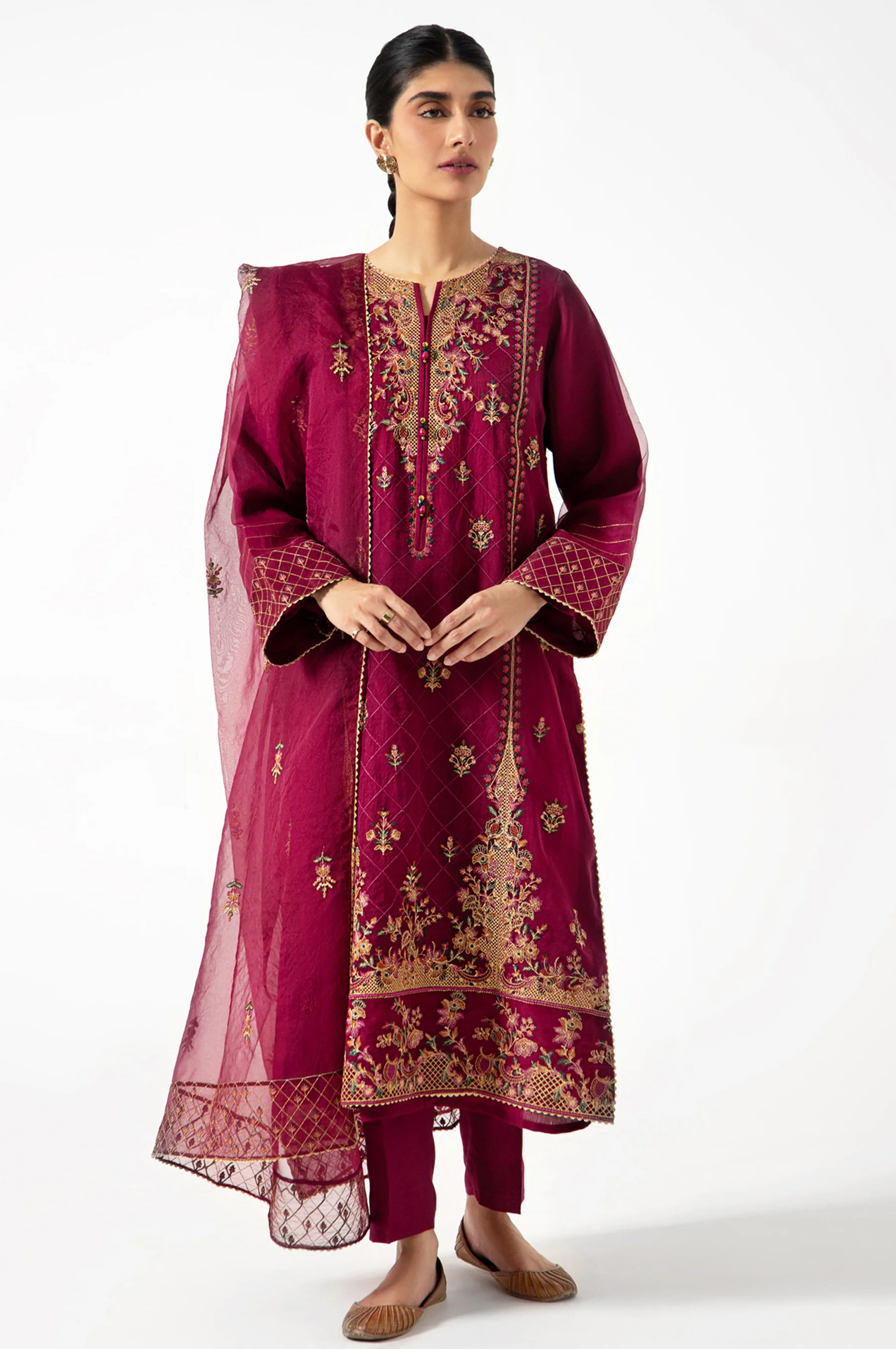 Stitched 3 Pieces Organza Embroidered Suit. - Image 3