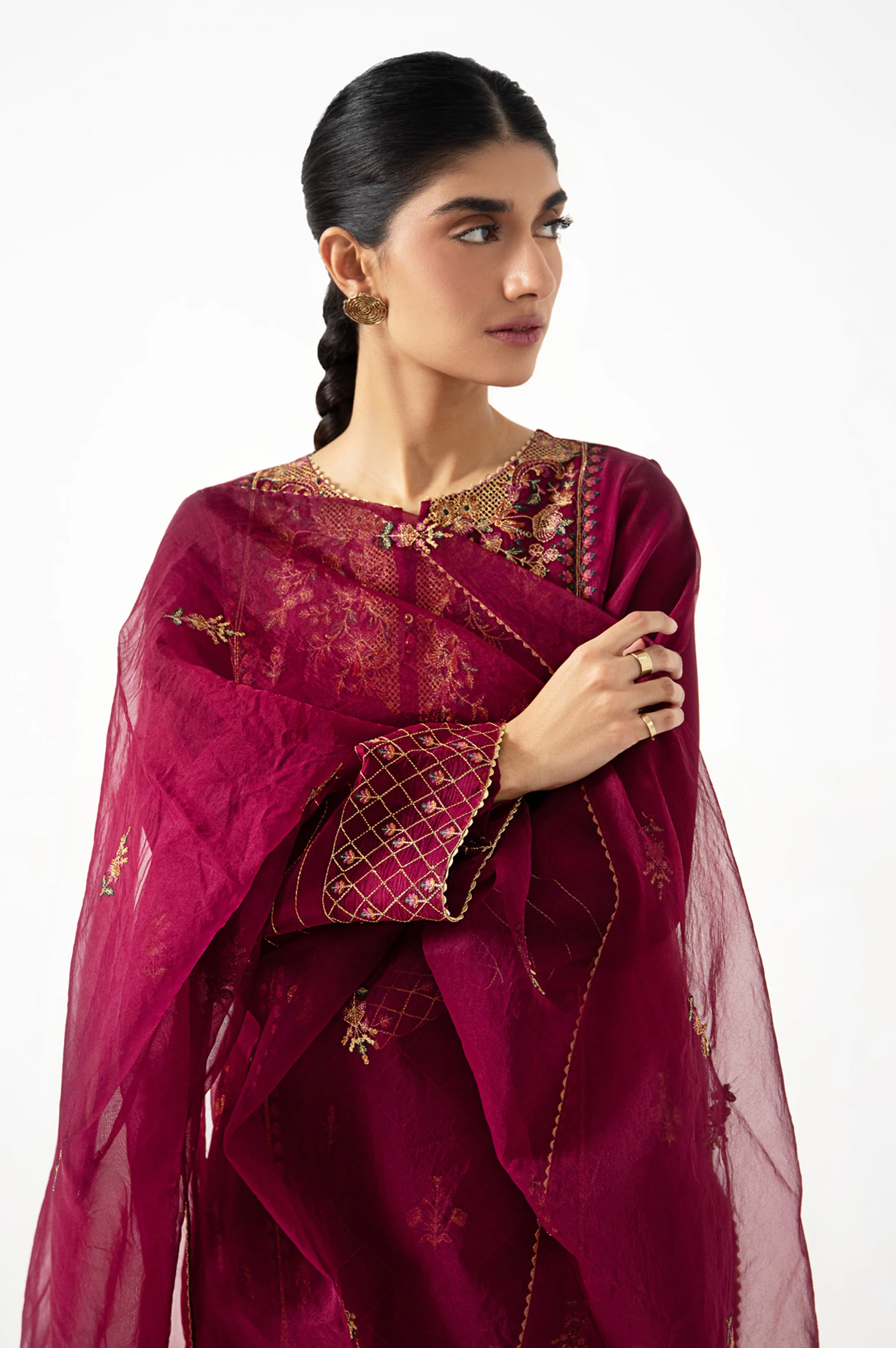 Stitched 3 Pieces Organza Embroidered Suit. - Image 4