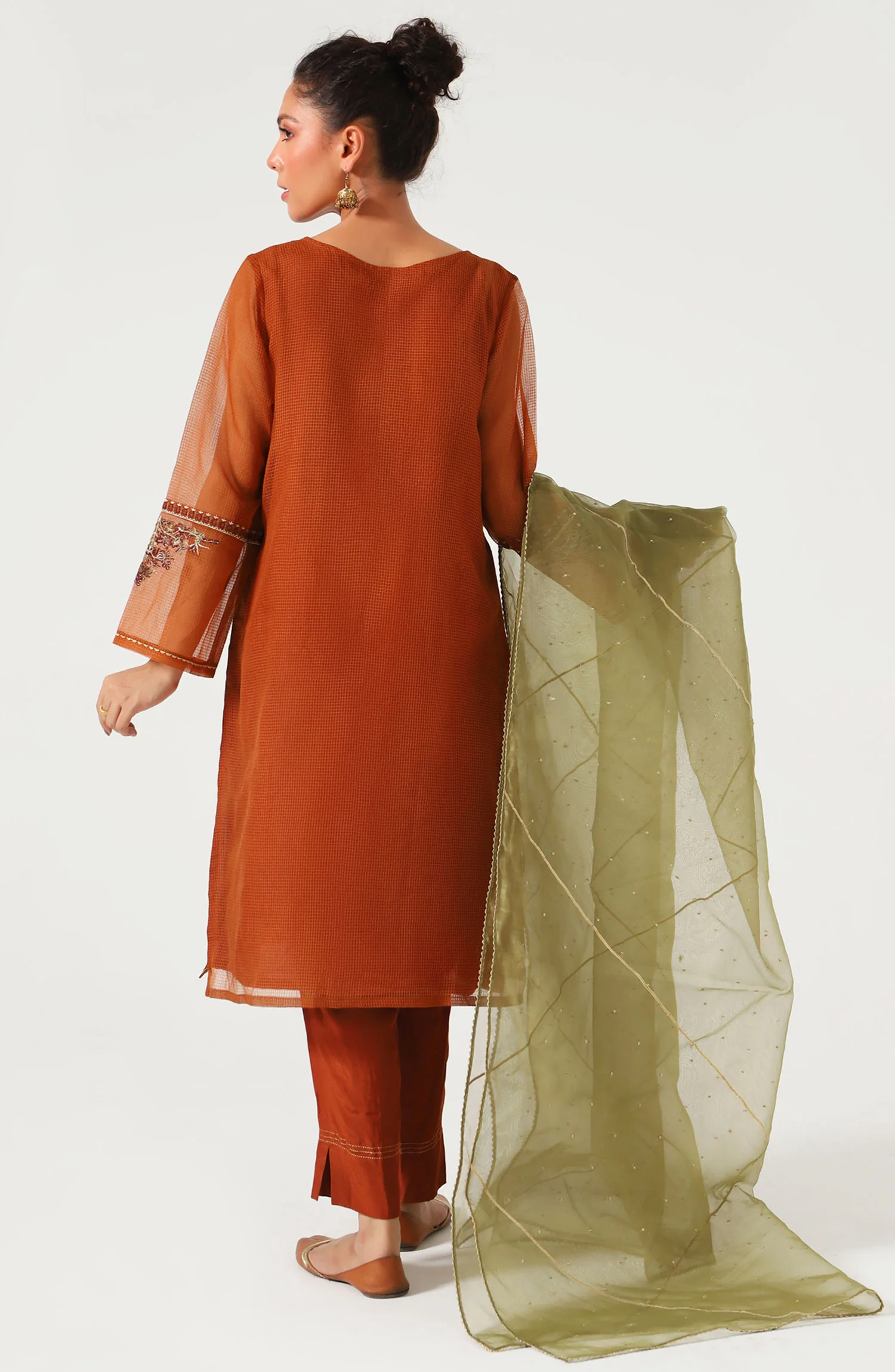 Stitched 3 Piece Textured Organza Embroidered Suit - Image 3