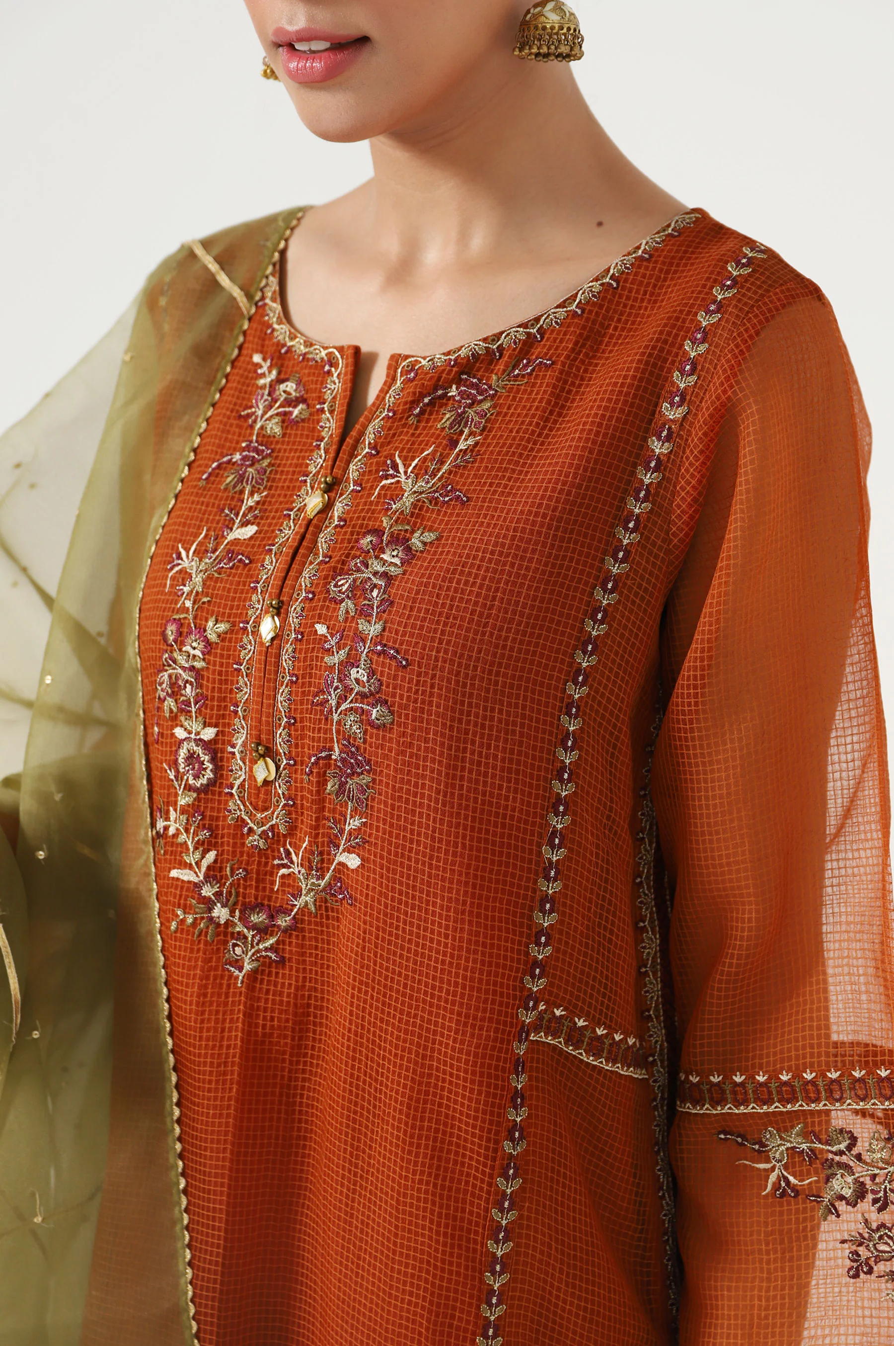 Stitched 3 Piece Textured Organza Embroidered Suit - Image 6