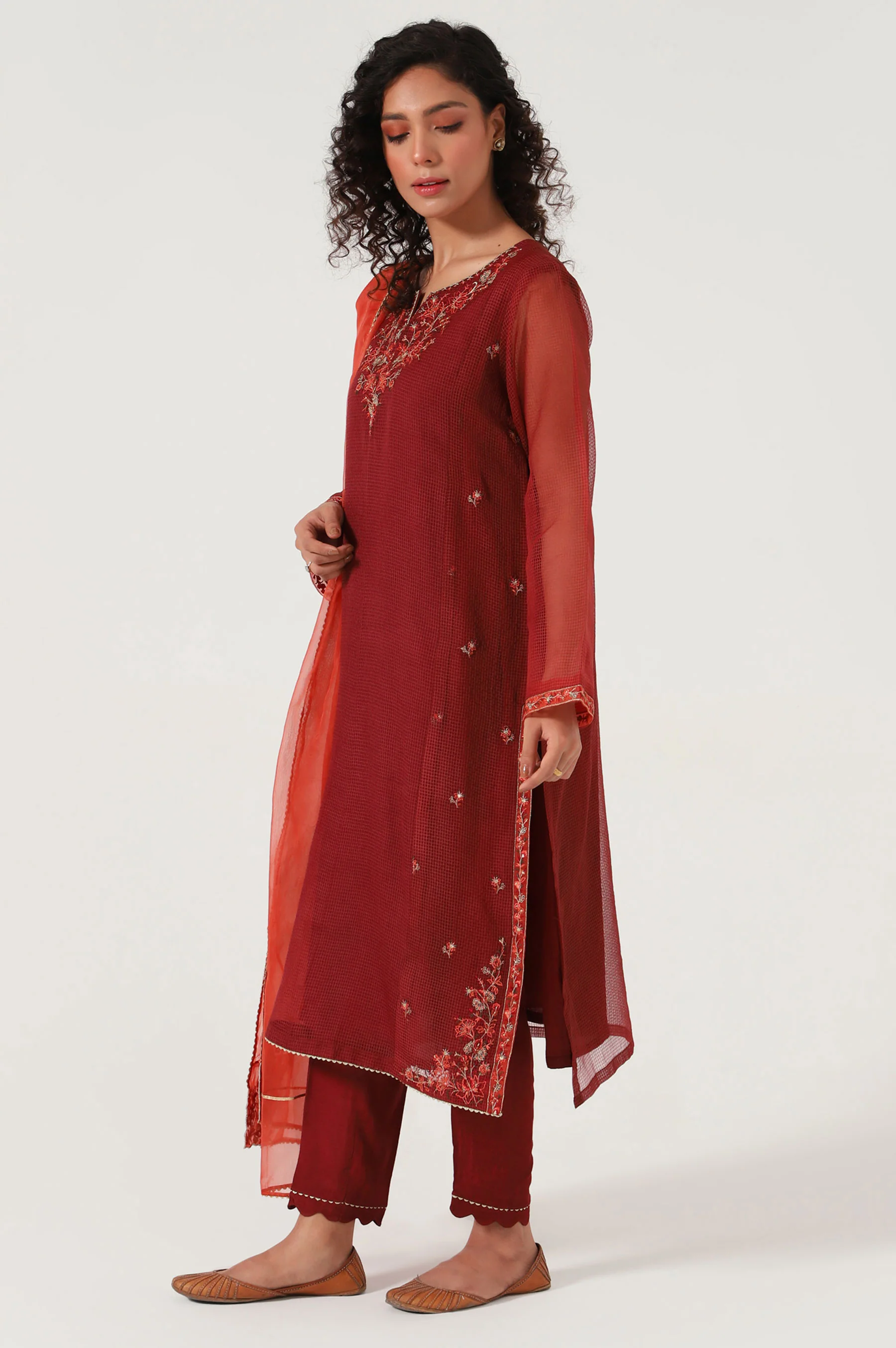 Stitched 3 Piece Textured Organza Embroidered Suit - Image 5