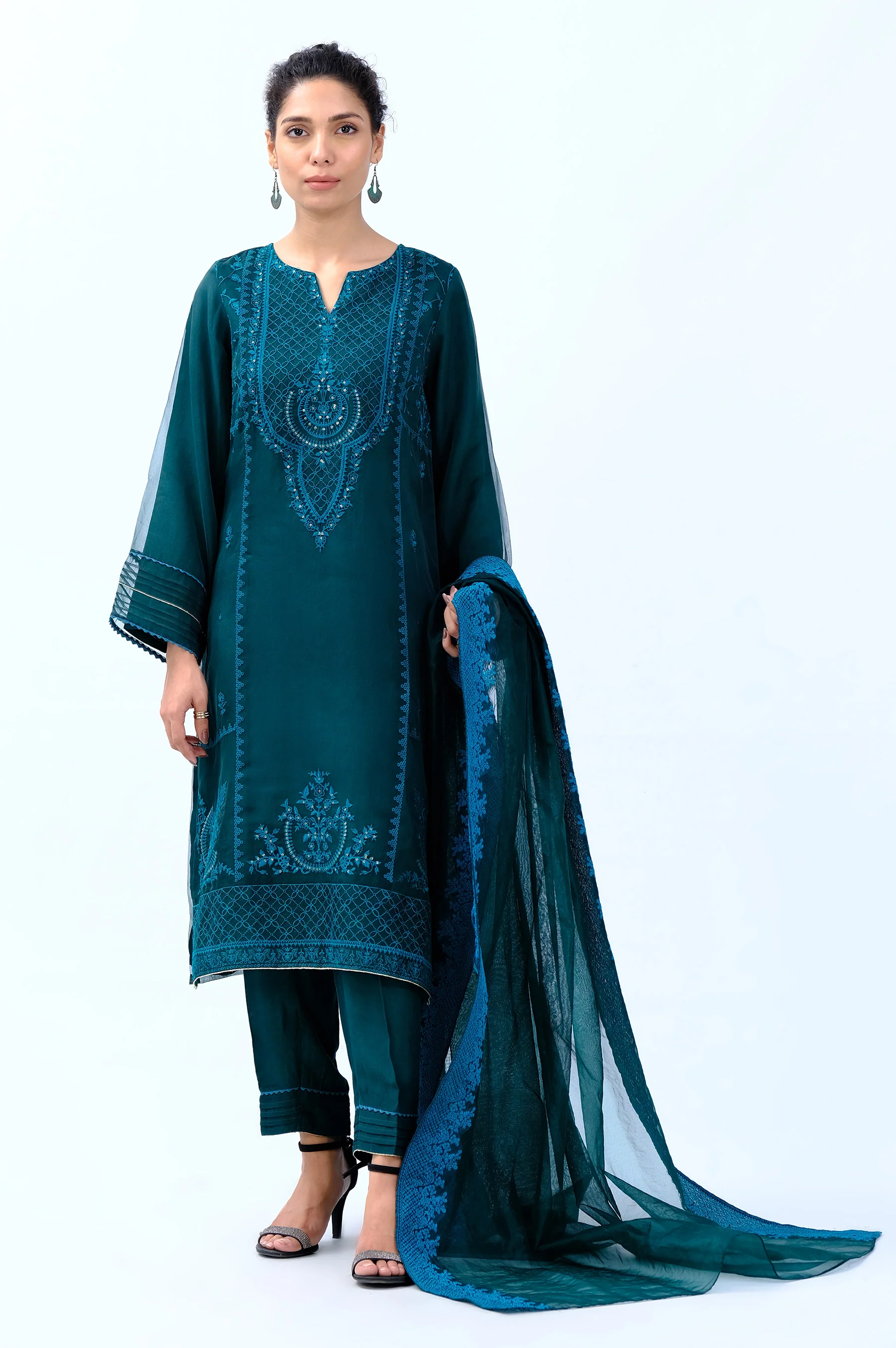 Stitched 3 Piece Organza Embroidered Suit - Image 2