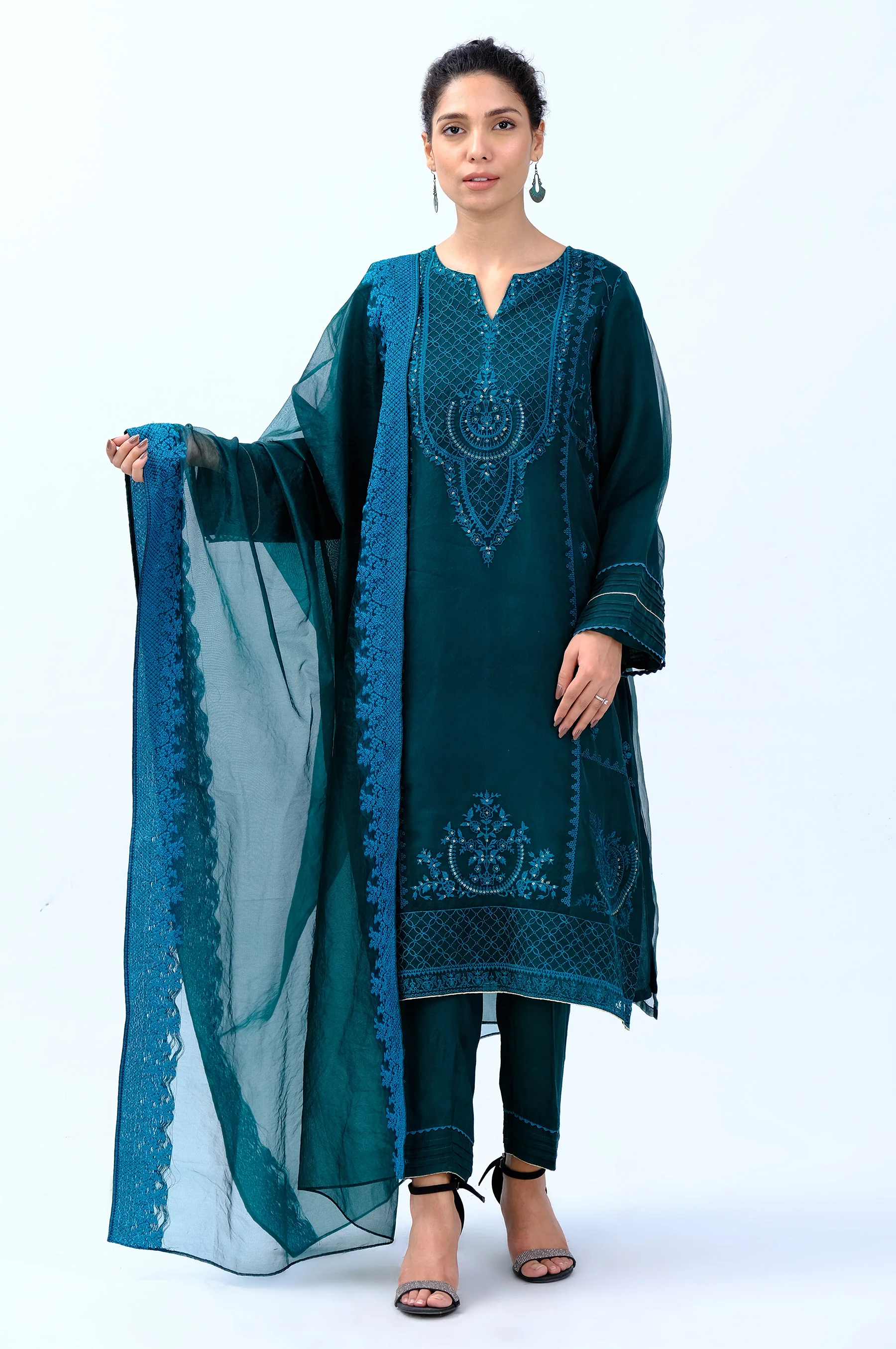 Stitched 3 Piece Organza Embroidered Suit - Image 4