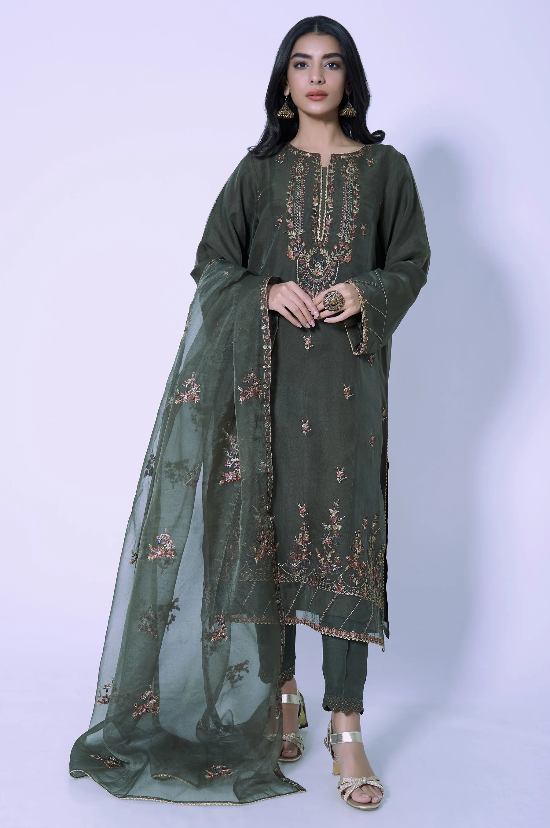 Stitched 3 Piece Organza Embroidered Outfit - Image 2