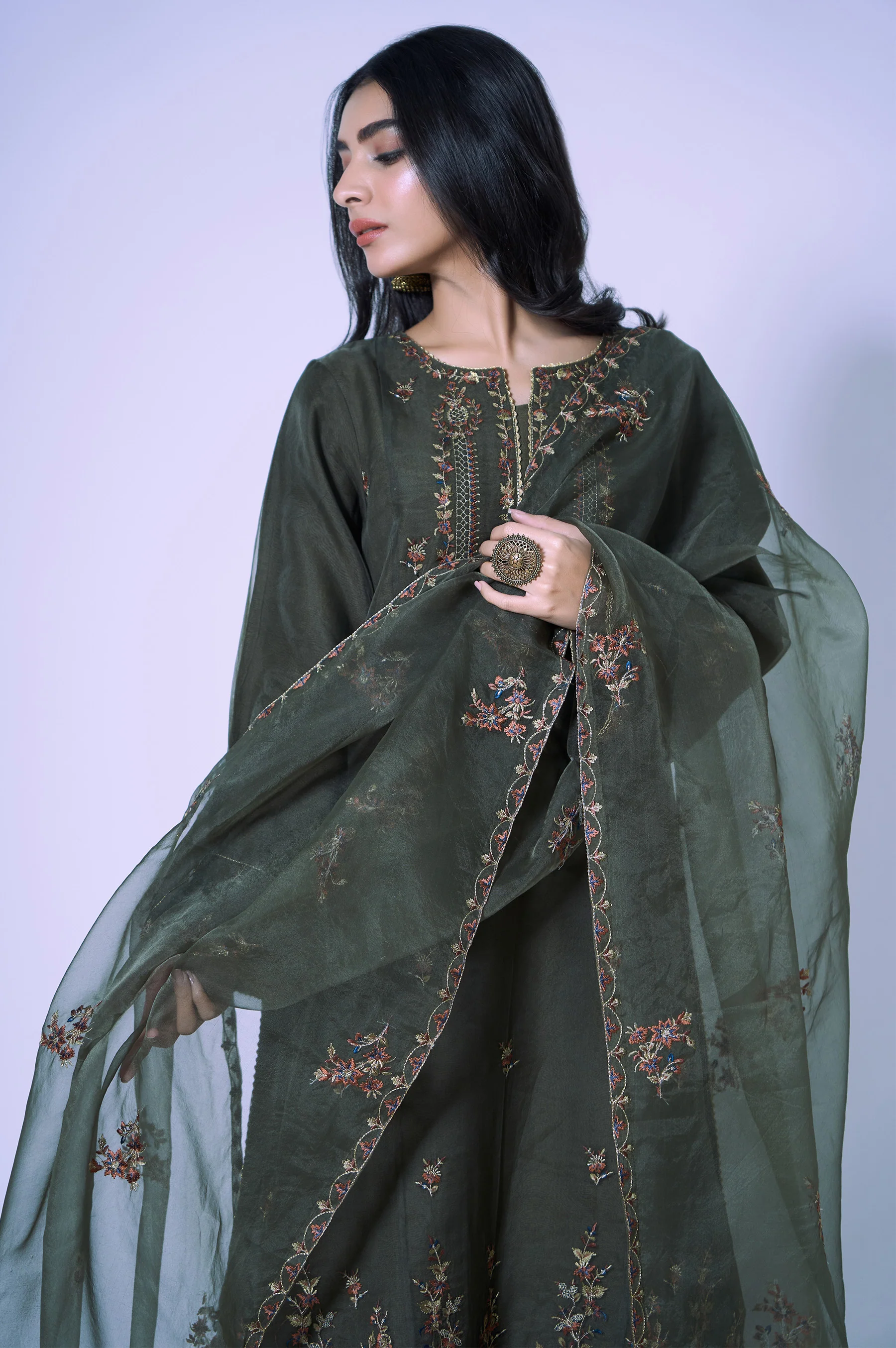 Stitched 3 Piece Organza Embroidered Outfit - Image 3