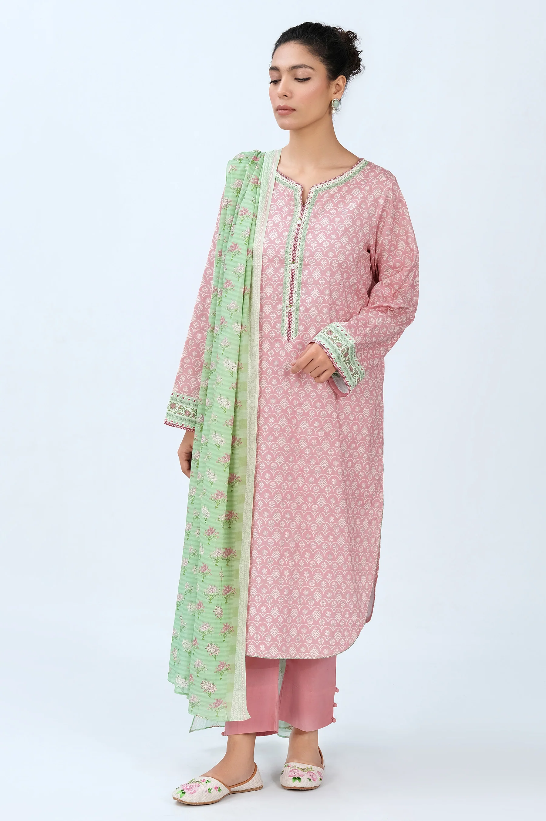 Stitched 3 Piece Printed Cambric Suit - Image 2