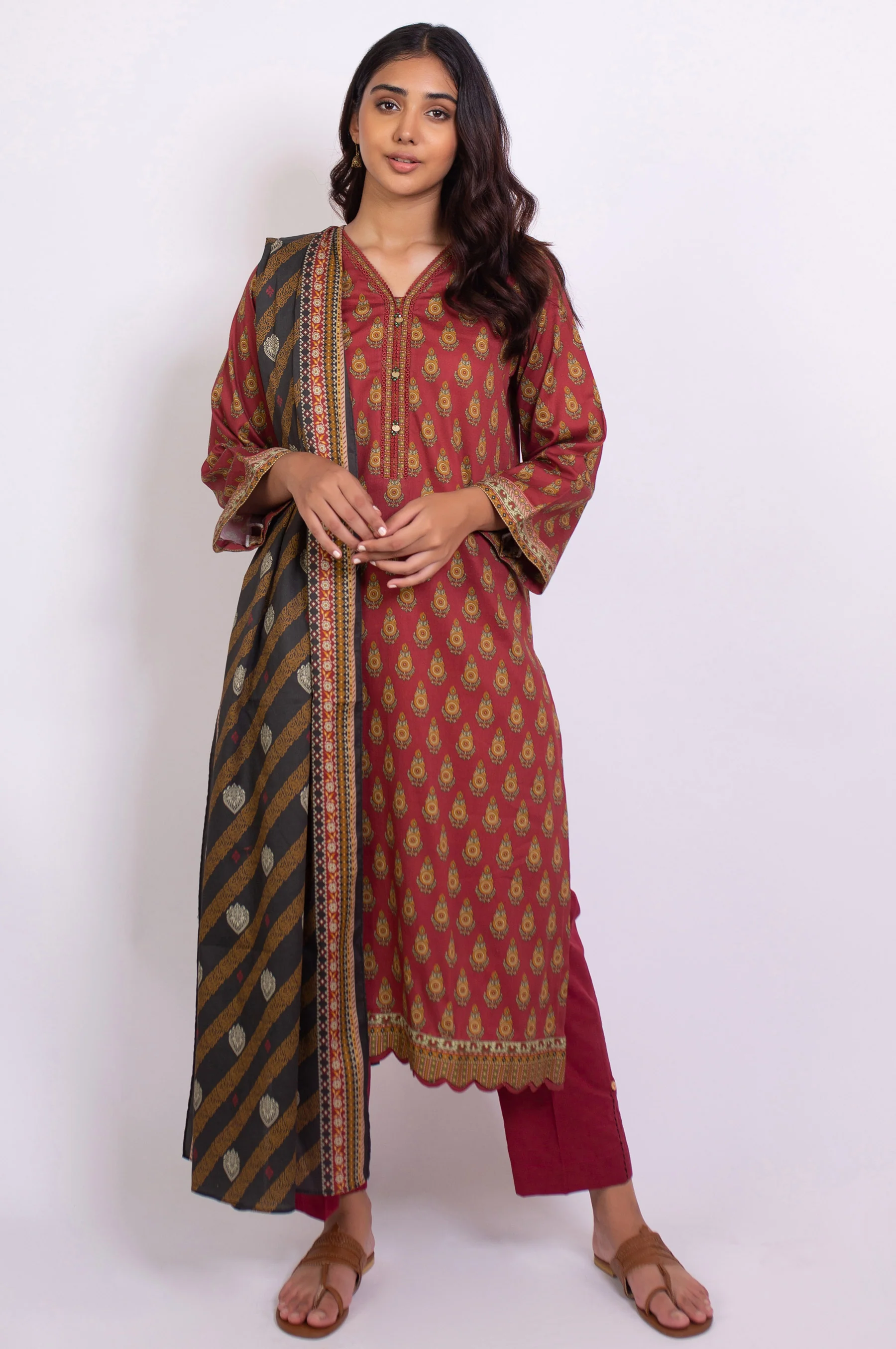 Stitched 3 Piece Printed Cottel Suit - Image 2