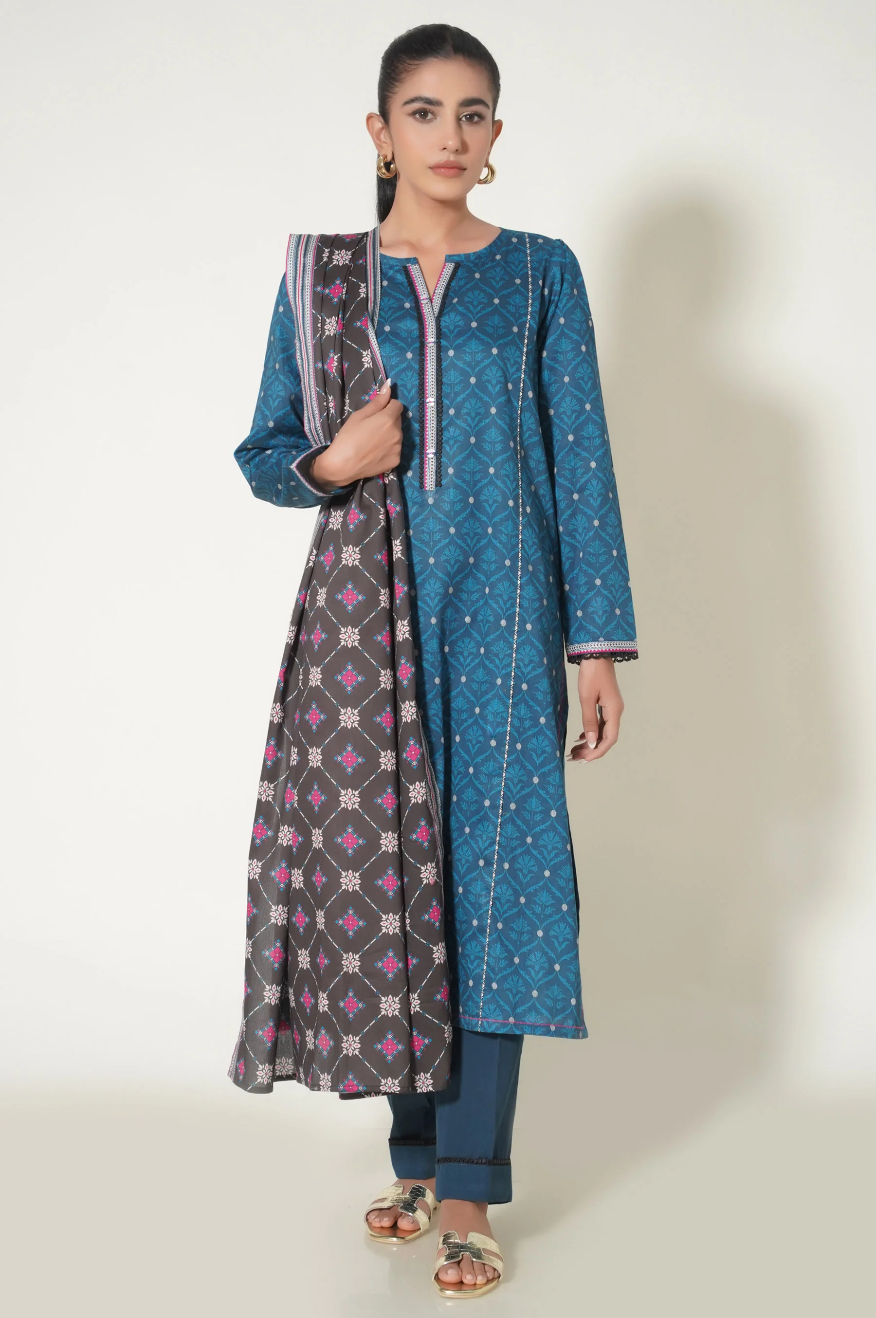 Stitched 3 Piece Printed Cottel Suit