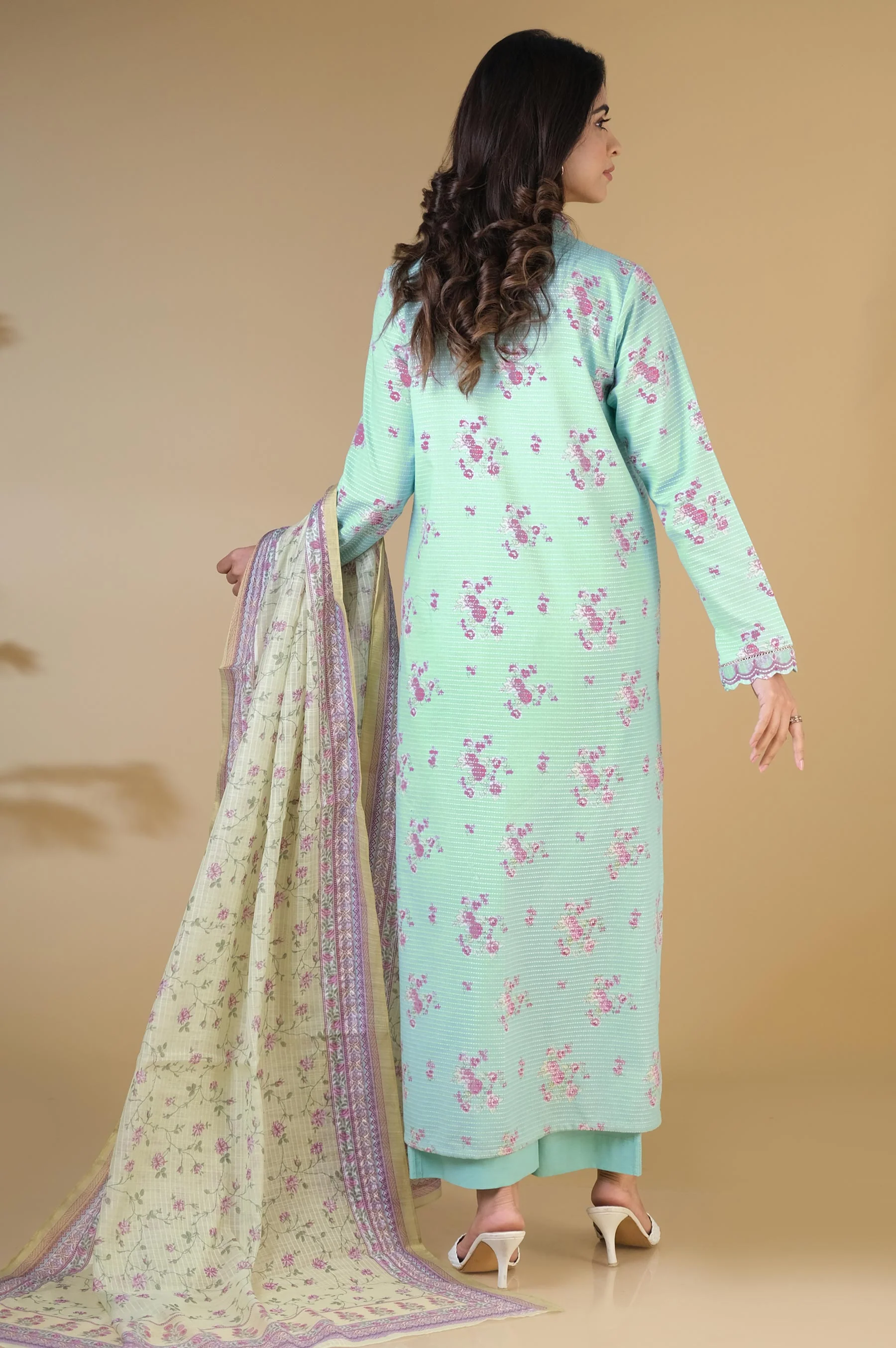 Stitched 3 Piece Printed Dobby Lawn Suit - Image 3