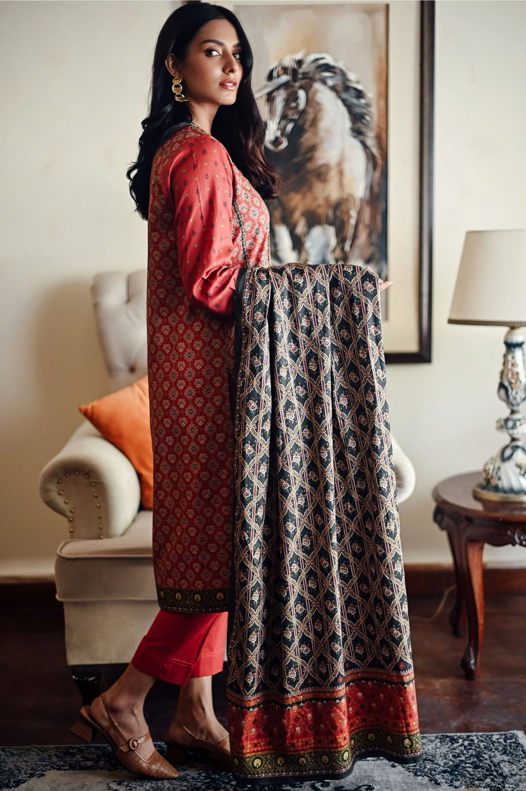 Stitched 3 Piece Printed Doria Linen Viscose Suit - Image 3