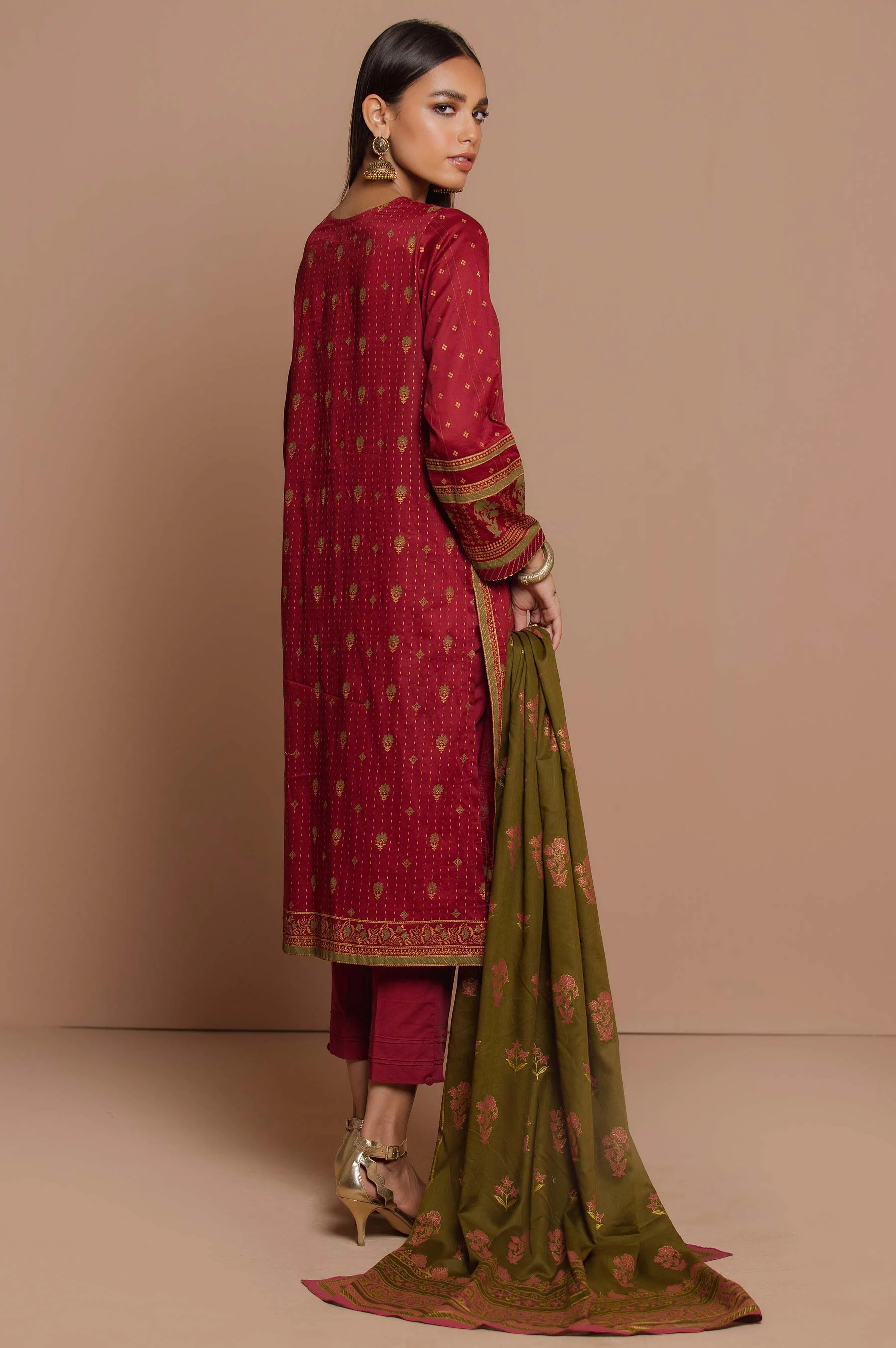 Stitched 3 Piece Printed Gold & Colored Paste Lawn Suit - Image 2
