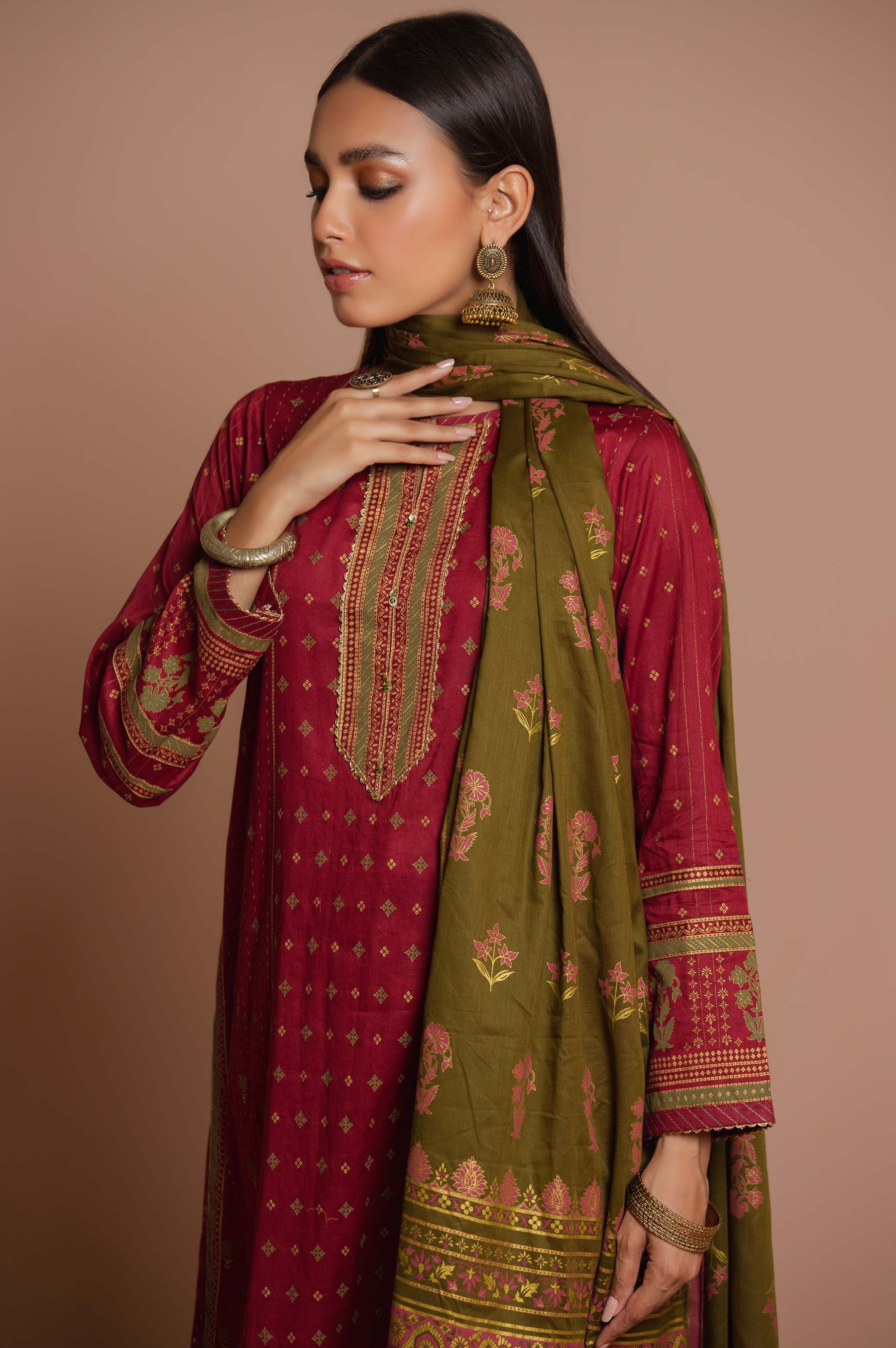 Stitched 3 Piece Printed Gold & Colored Paste Lawn Suit - Image 3