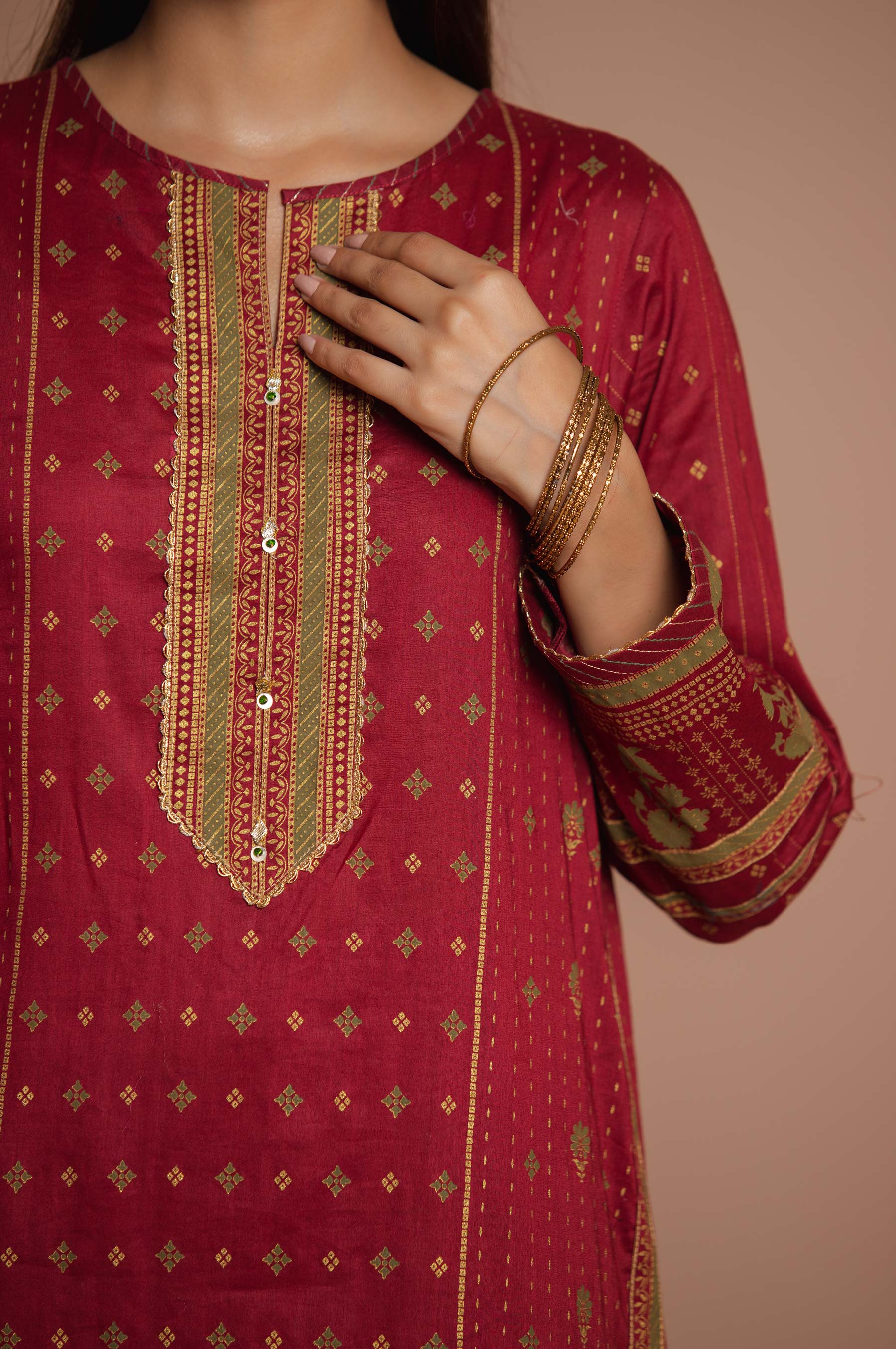 Stitched 3 Piece Printed Gold & Colored Paste Lawn Suit - Image 4