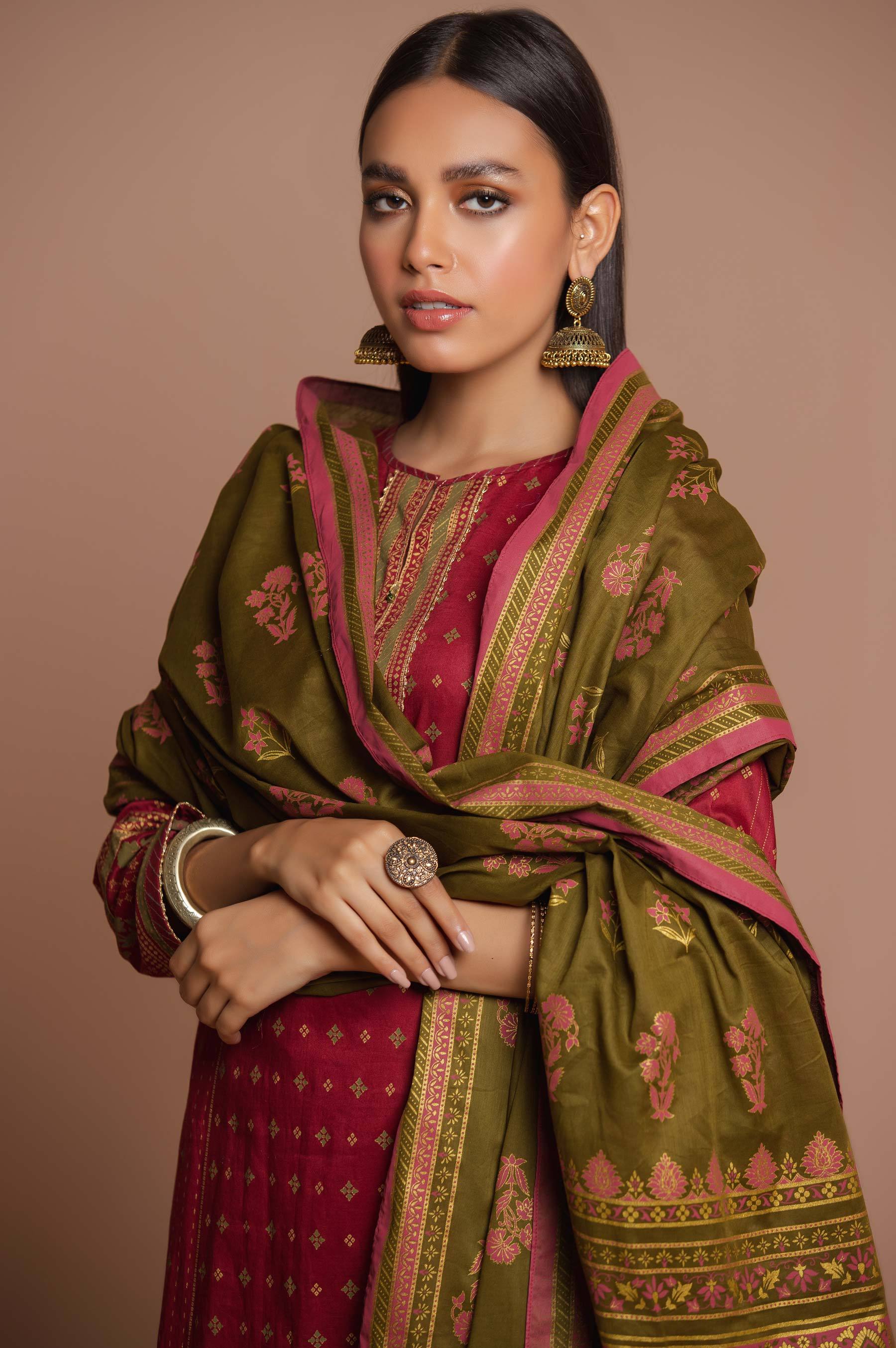 Stitched 3 Piece Printed Gold & Colored Paste Lawn Suit - Image 5