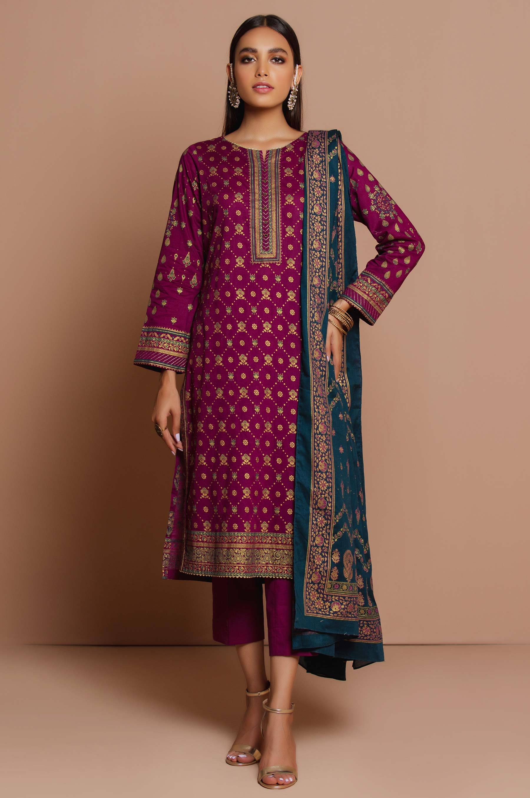 Stitched 3 Piece Printed Gold & Colored Paste Lawn Suit
