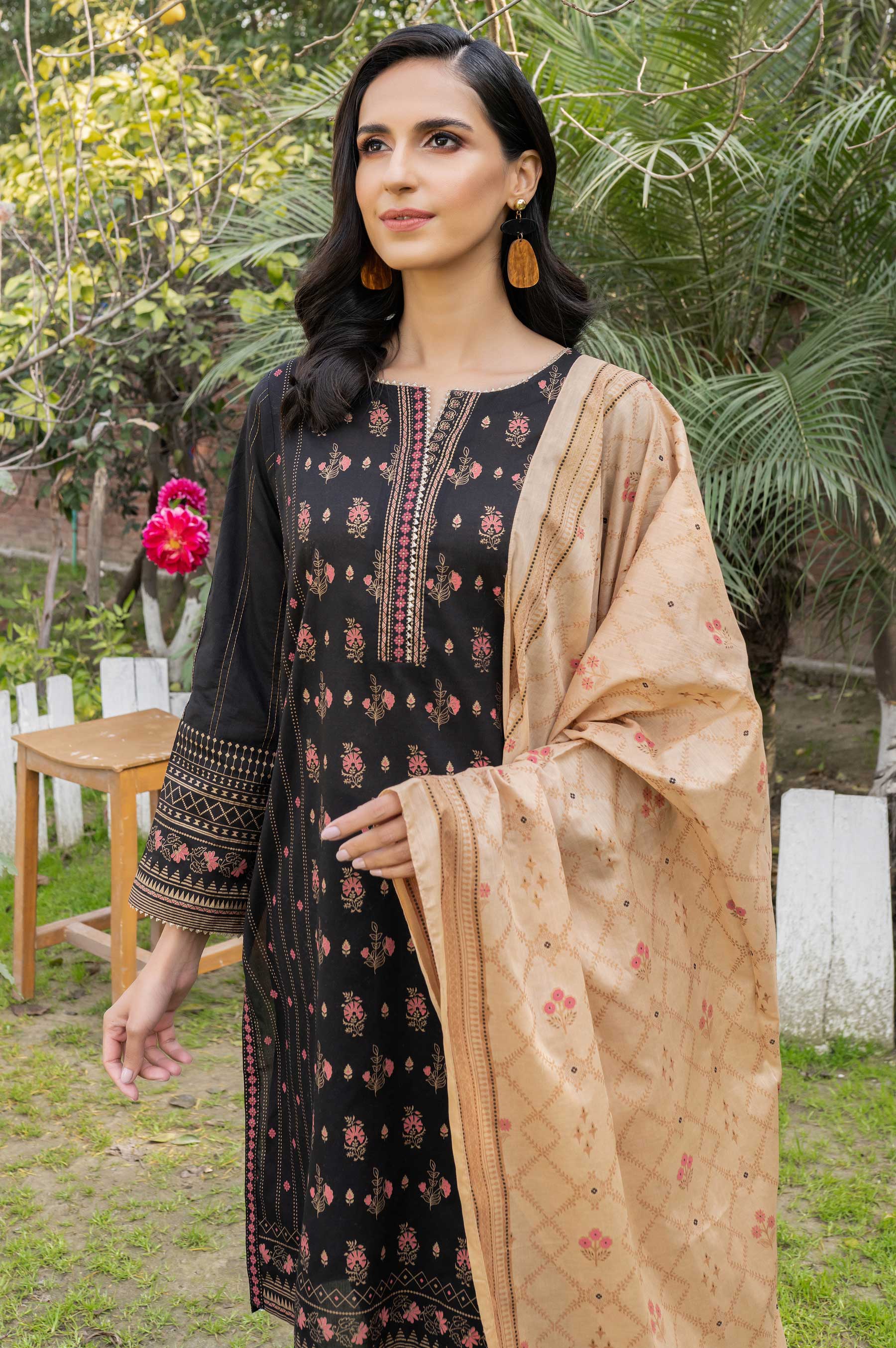 Stitched 3 Piece Printed Gold & White Paste Lawn Suit with Printed Gold & White Paste Dupatta